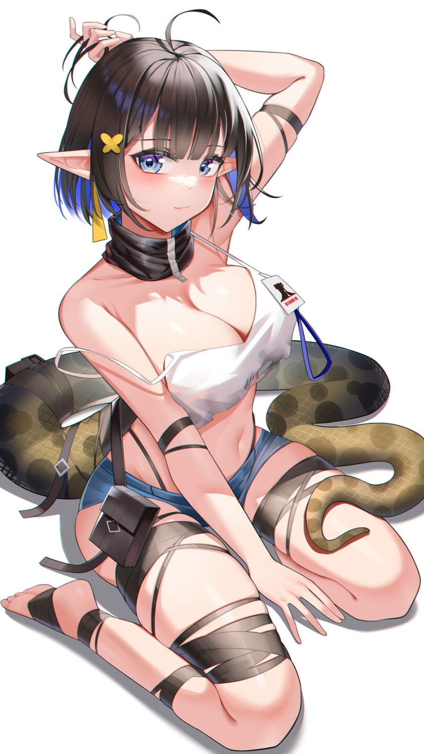 arknights eunectes_(arknights) garter no_bra pointy_ears tail torn_clothes wuren