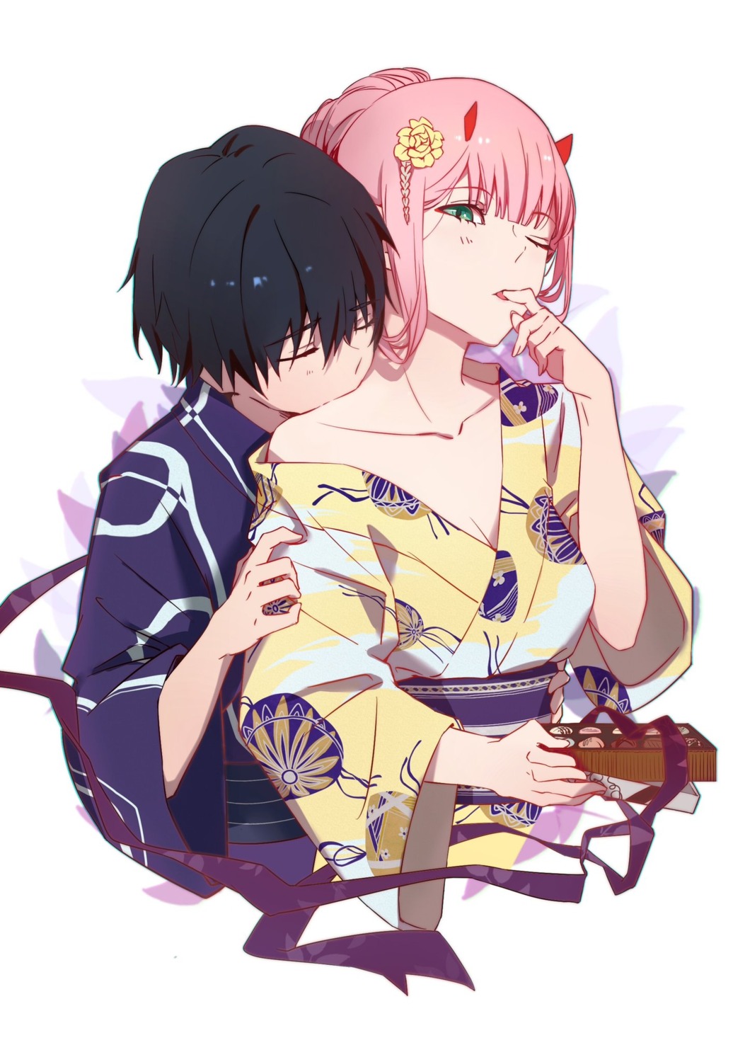 chenaze57 cleavage darling_in_the_franxx hiro_(darling_in_the_franxx) horns open_shirt yukata zero_two_(darling_in_the_franxx)