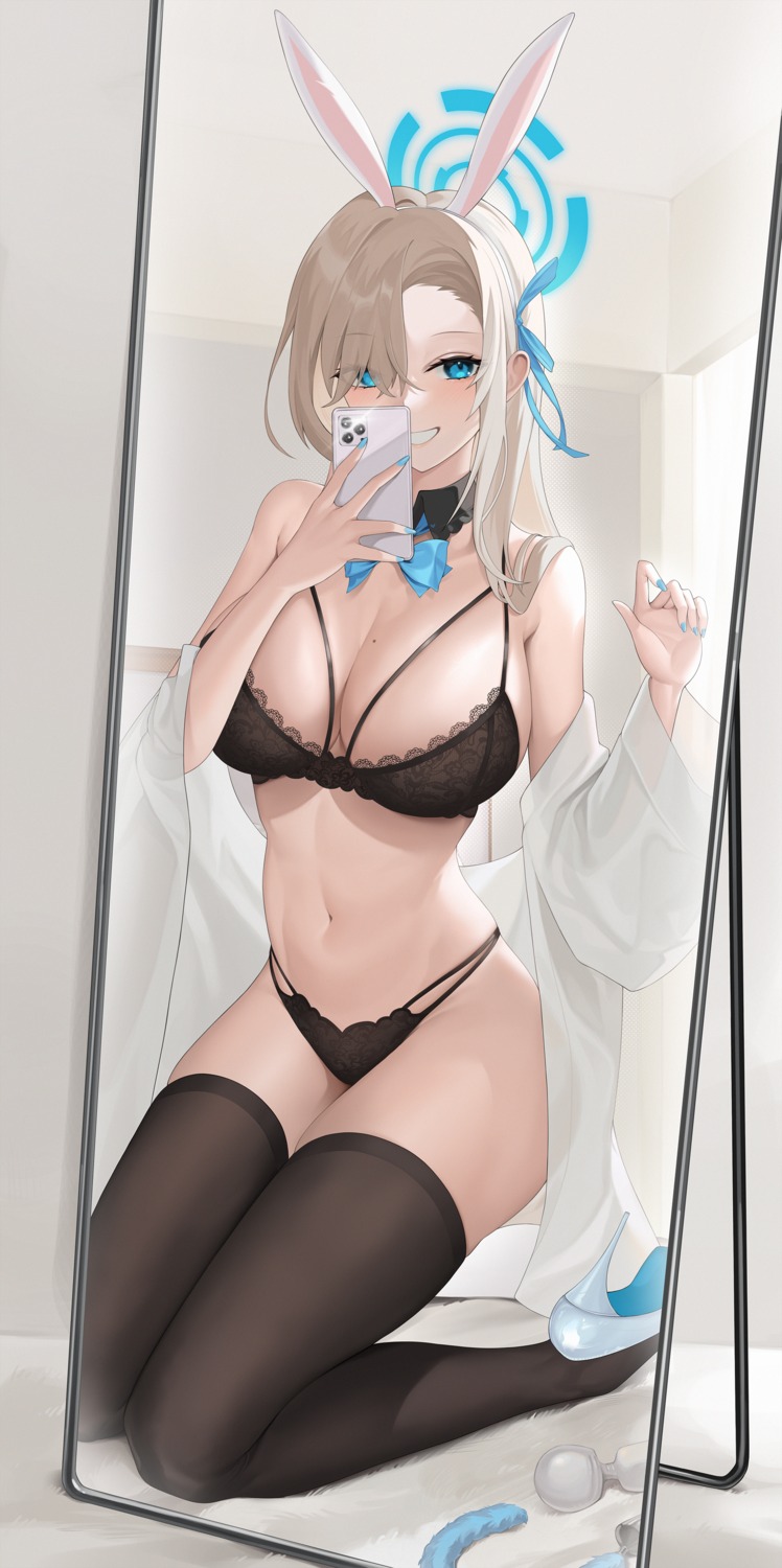 animal_ears blue_archive bra bunny_ears halo ichinose_asuna open_shirt pantsu see_through selfie shibasoda thighhighs