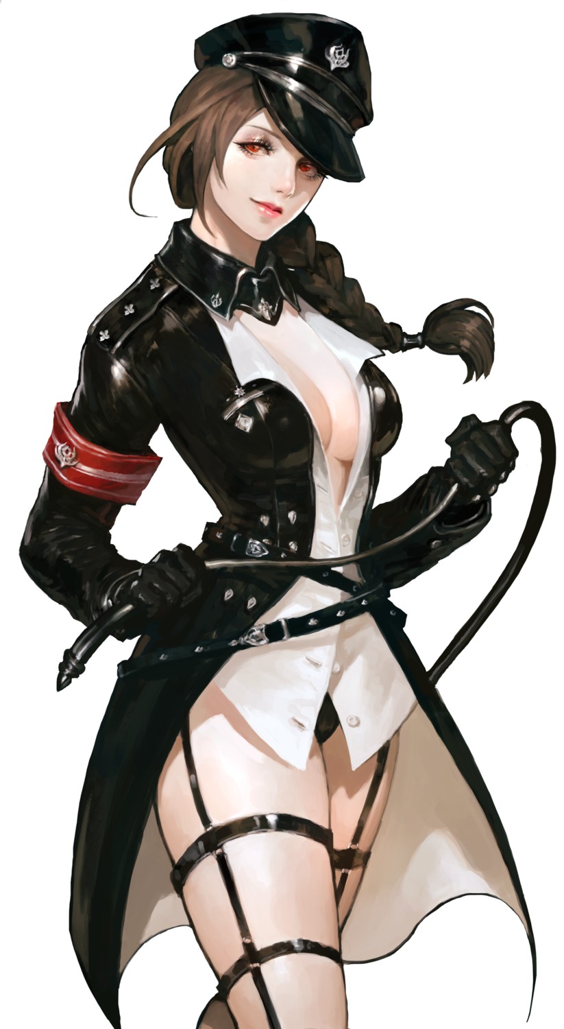 cleavage garter mabinogi_duel nessi no_bra open_shirt pantsu uniform weapon