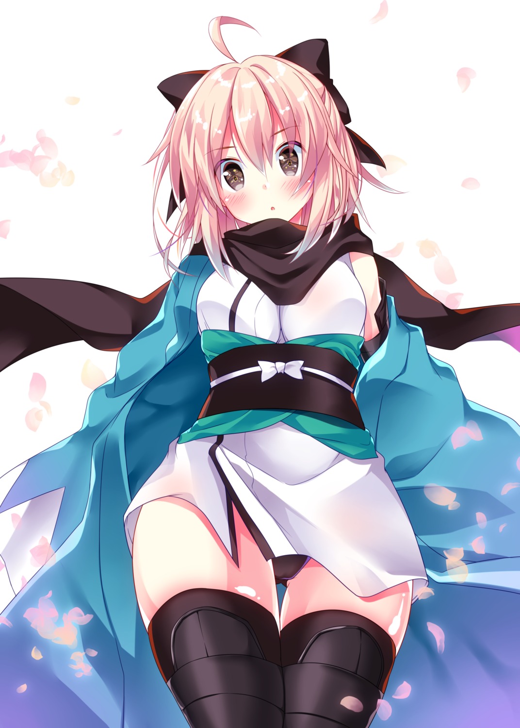 cameltoe fate/grand_order japanese_clothes komoda_robo okita_souji_(fate) pantsu thighhighs