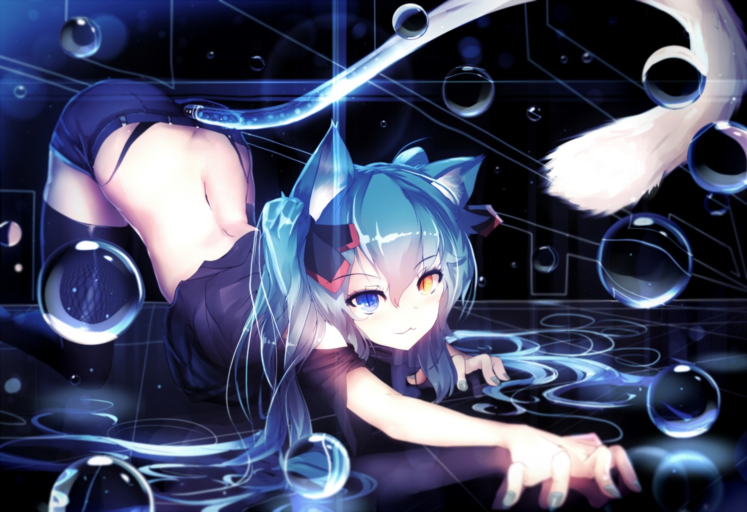 animal_ears hatsune_miku heterochromia nekomimi qys3 shirt_lift tail thighhighs vocaloid