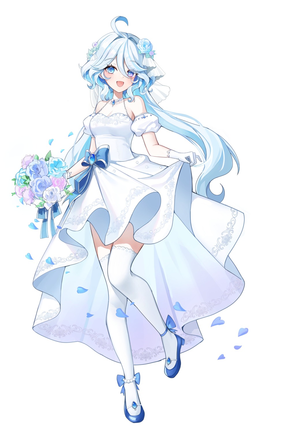 cleavage dress furina genshin_impact heels heterochromia no_bra see_through skirt_lift thighhighs wedding_dress youwon0417