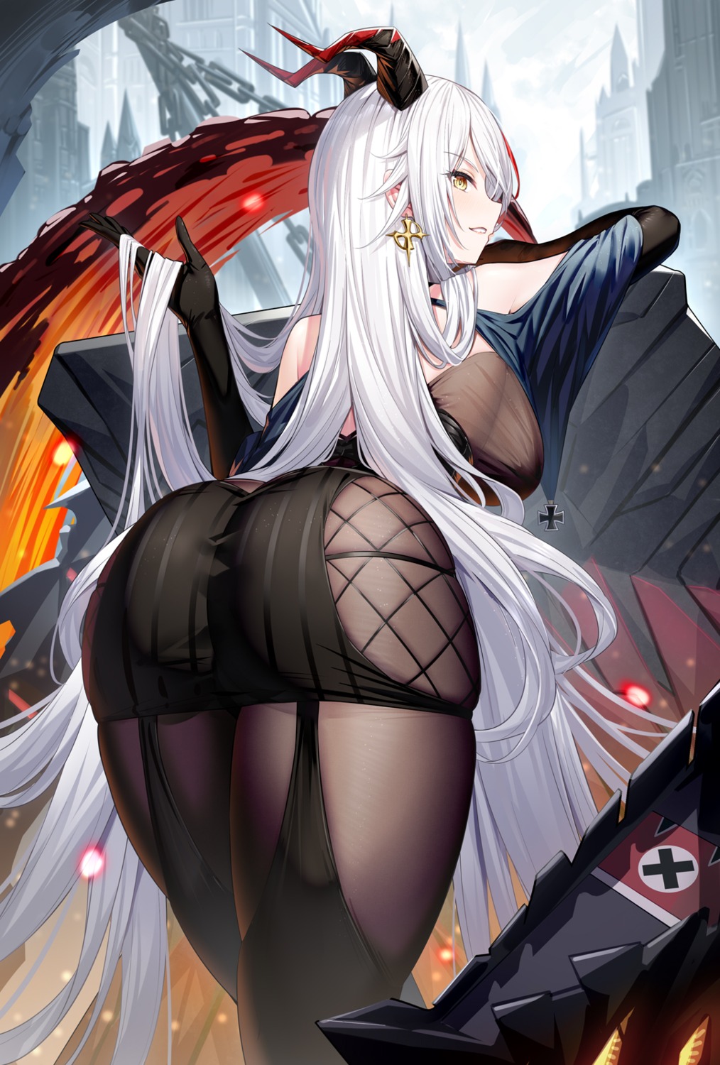 aegir_(azur_lane) ass azur_lane fishnets horns pantyhose ririko_(zhuoyandesailaer)