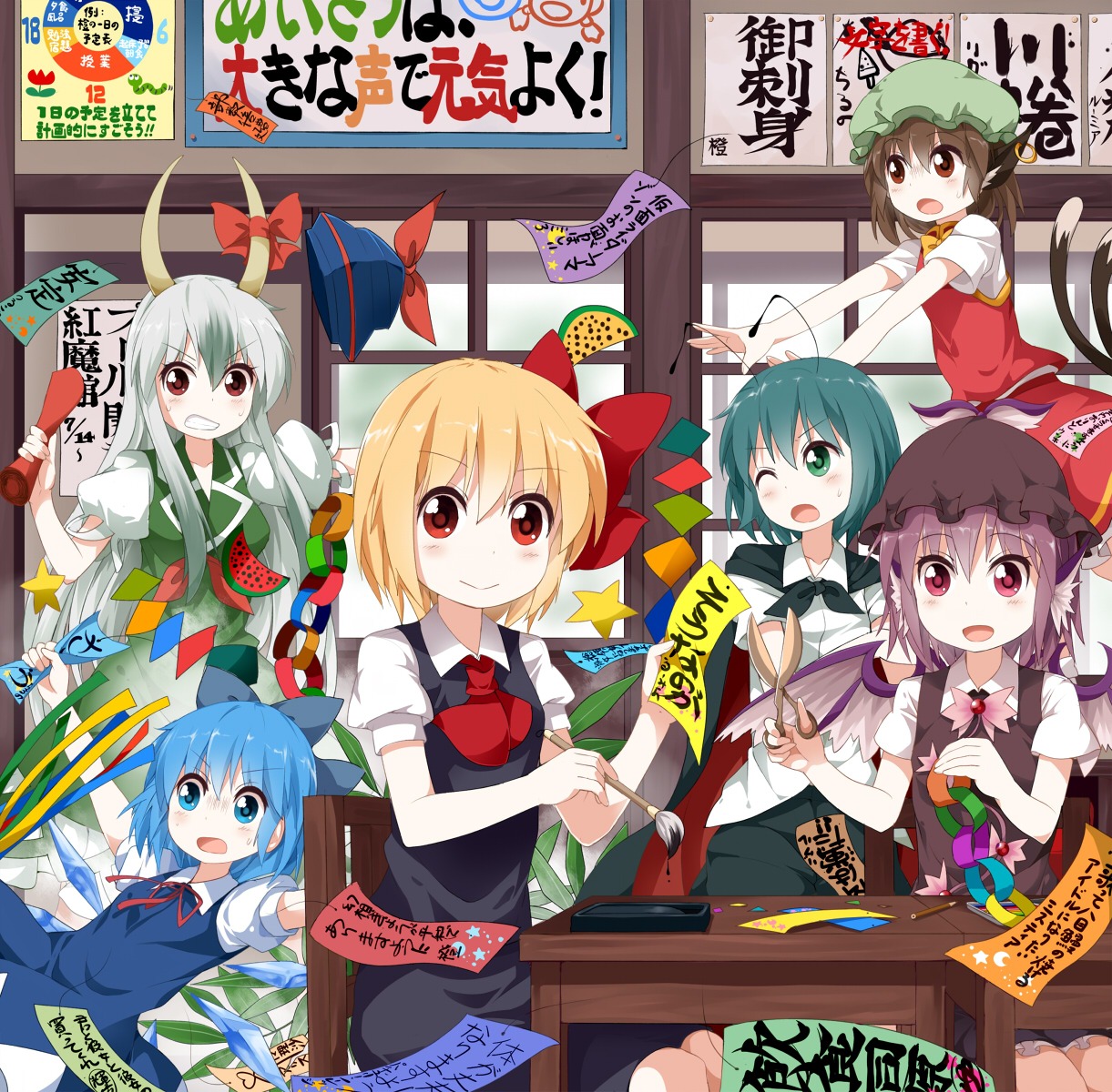 chen cirno kamishirasawa_keine mystia_lorelei rumia tail touhou tsurukou wriggle_nightbug