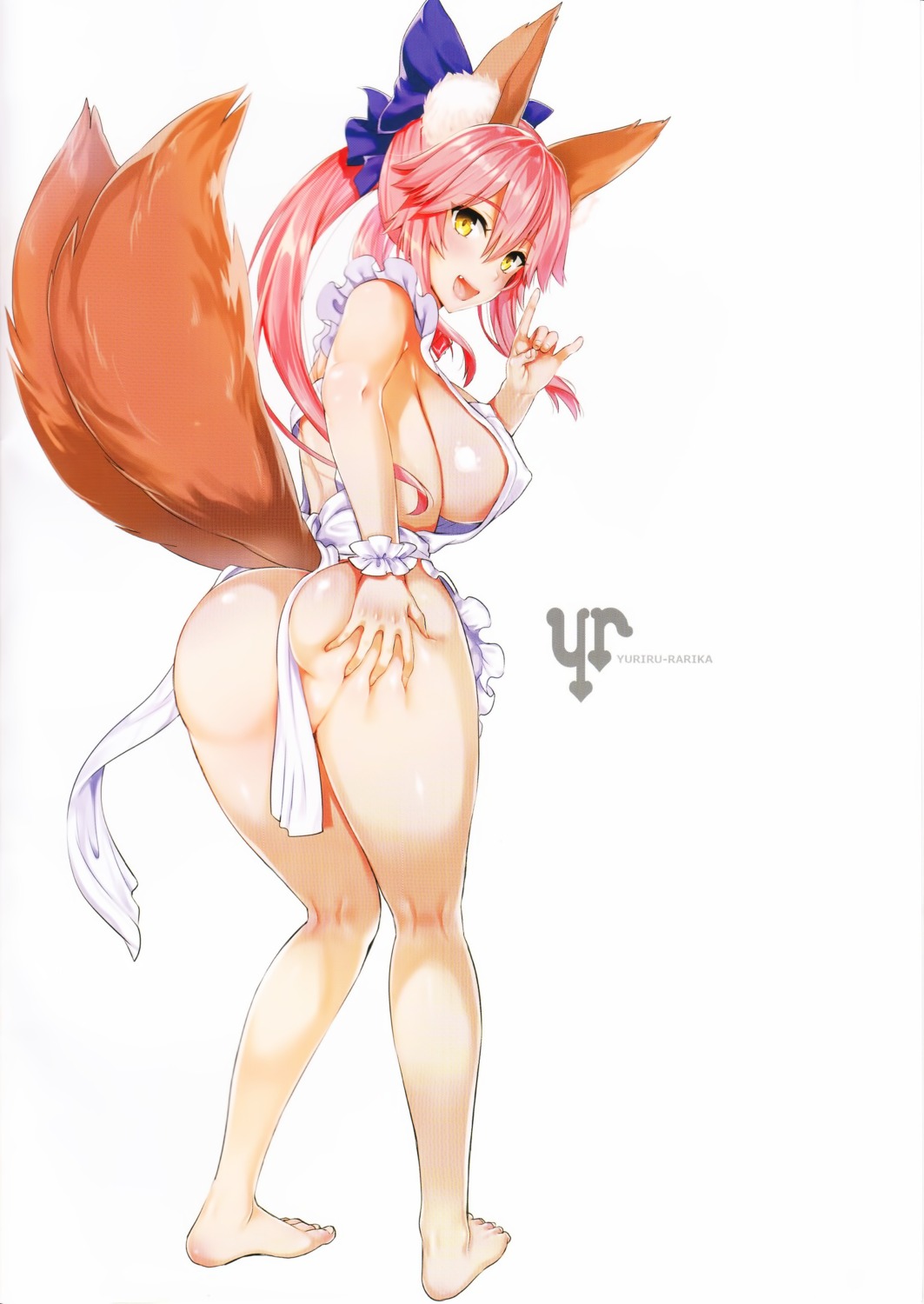 animal_ears ass ass_grab erect_nipples fate/grand_order kojima_saya naked_apron tail tamamo_no_mae yuriru-rarika