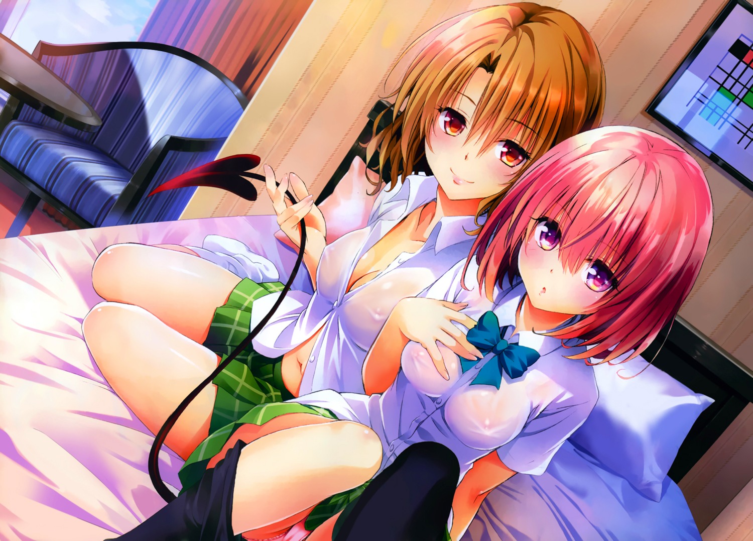 breast_hold cleavage momioka_risa momo_velia_deviluke nipples no_bra pantsu photoshop see_through seifuku tail thighhighs to_love_ru to_love_ru_darkness yabuki_kentarou