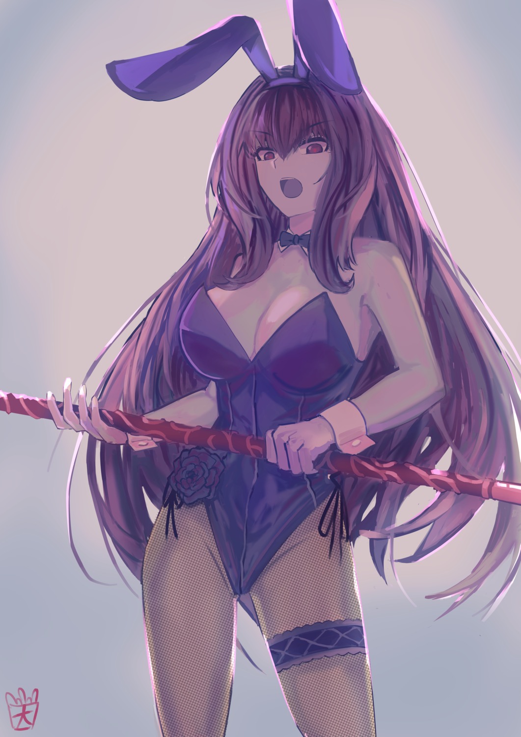 animal_ears bunny_ears bunny_girl fate/grand_order fishnets garter no_bra ootato pantyhose scathach_(fate/grand_order) weapon