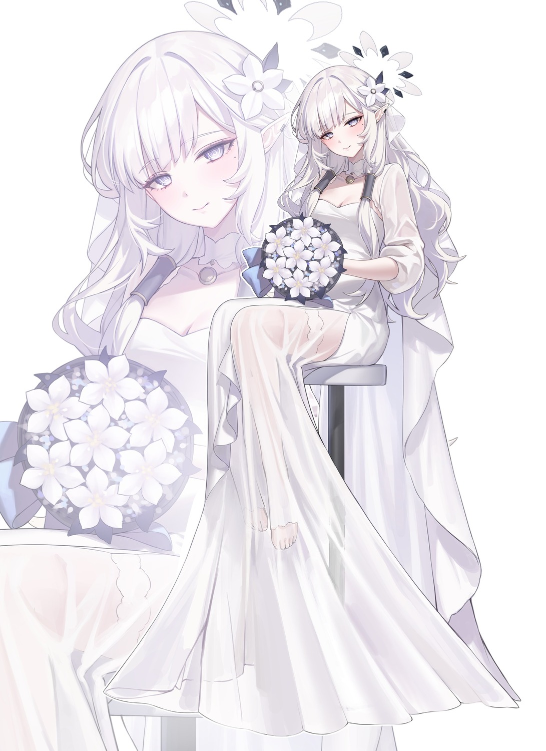 akeboshi_himari blue_archive dress garter halo no_bra raki_kr see_through wedding_dress