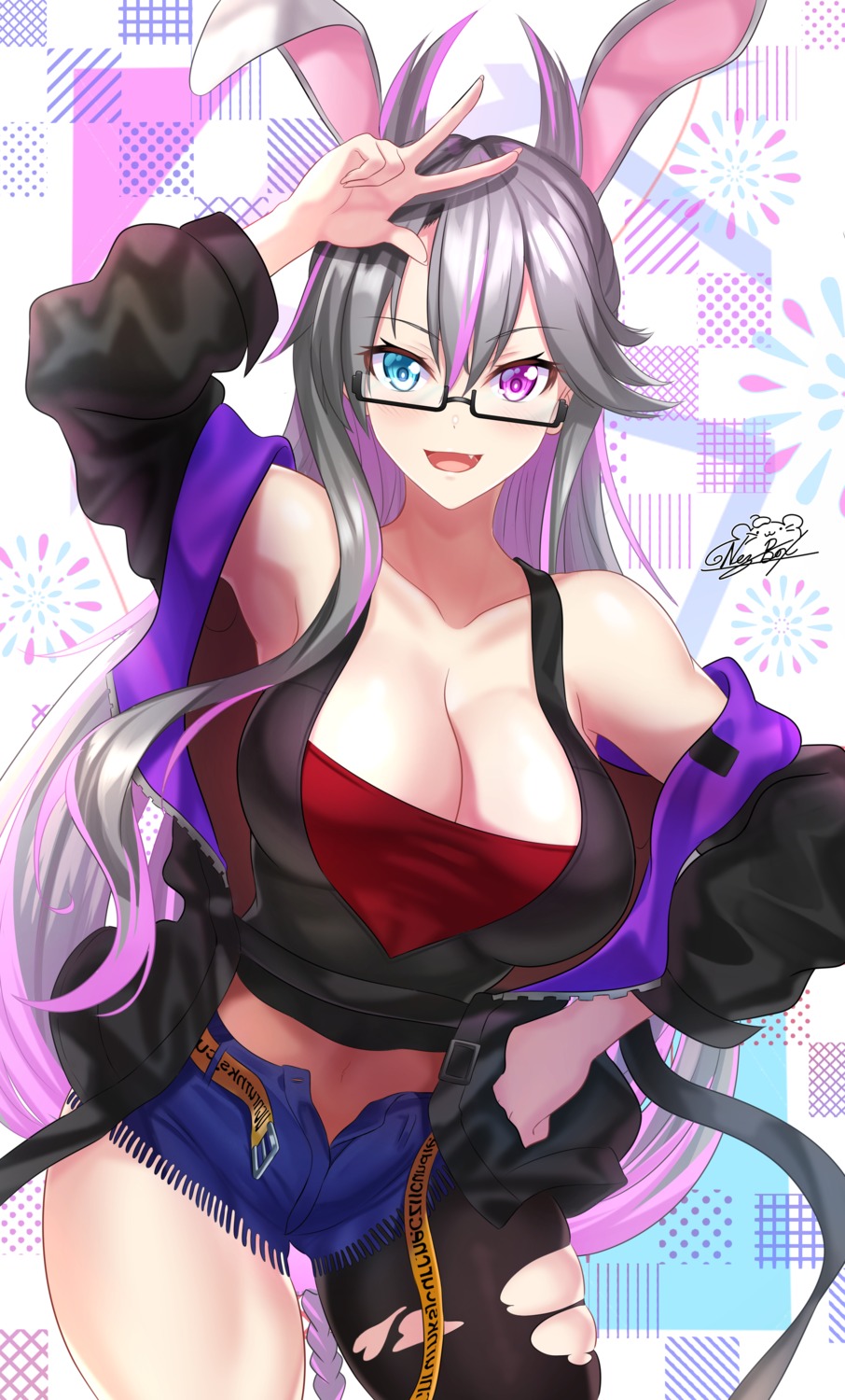 animal_ears bunny_ears cleavage heterochromia megane tagme torn_clothes