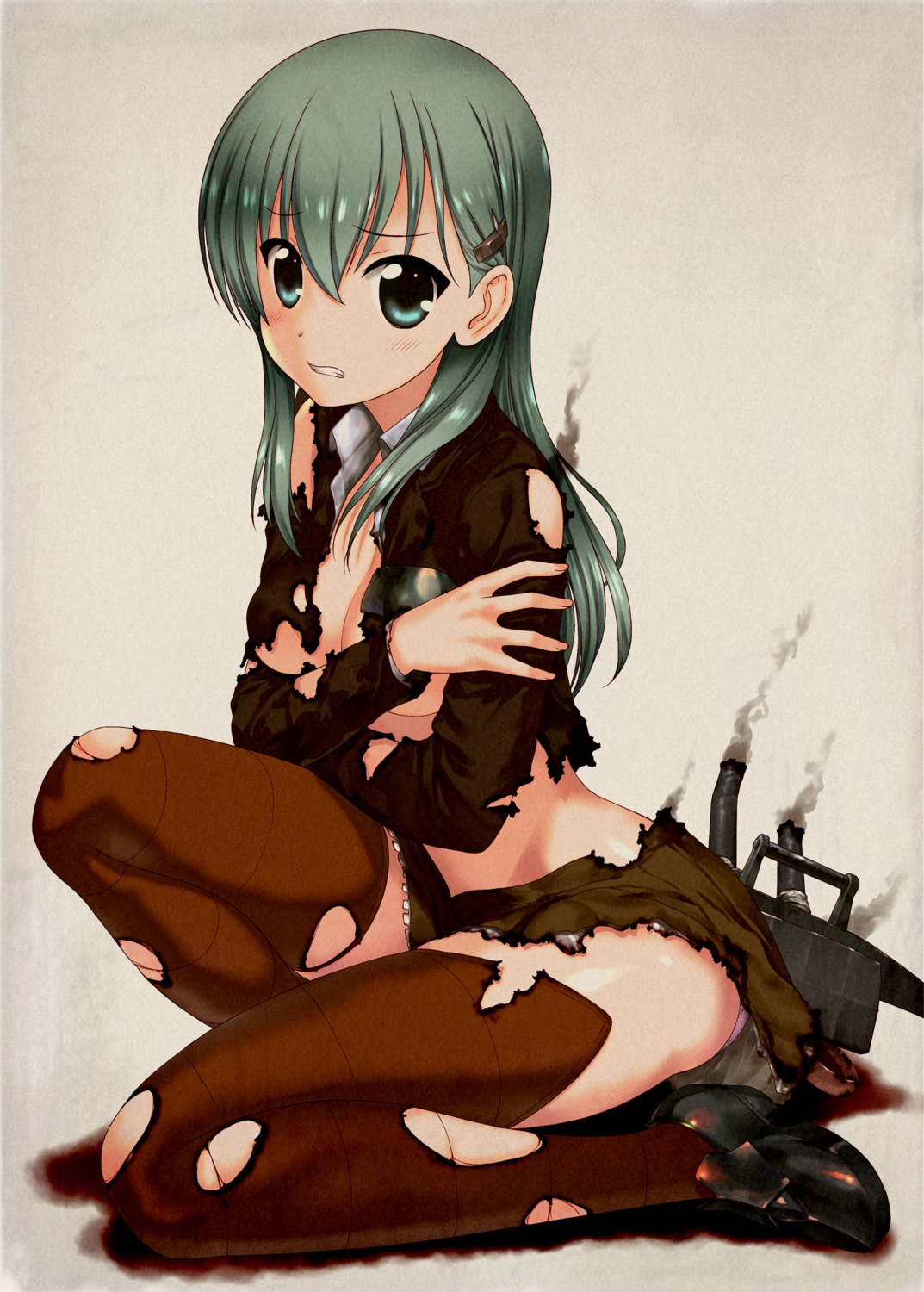 cleavage hechi kantai_collection no_bra suzuya_(kancolle) thighhighs torn_clothes underboob