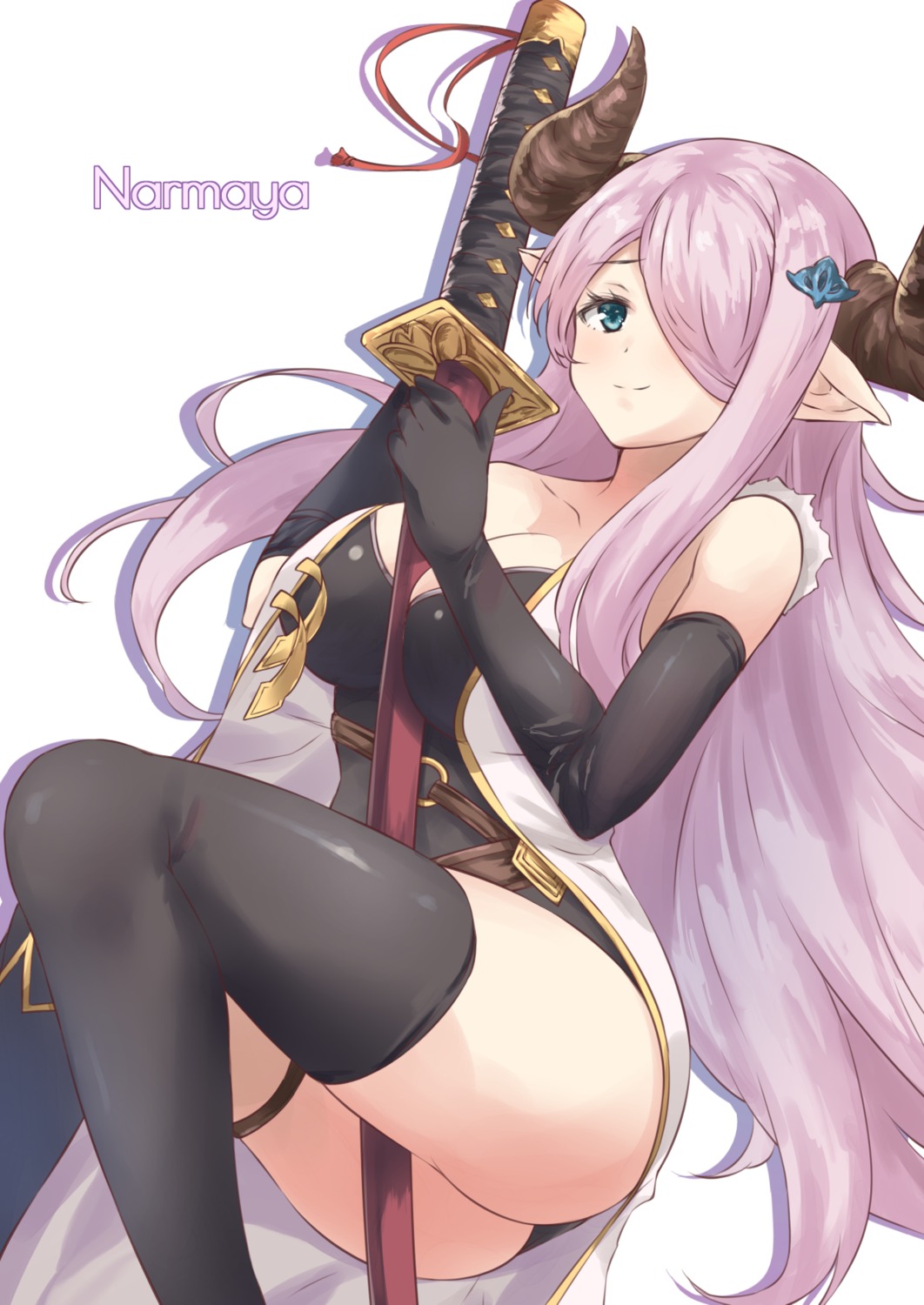 cleavage garter granblue_fantasy horns iroha_(unyun) narumeia_(granblue_fantasy) nopan pointy_ears sword thighhighs