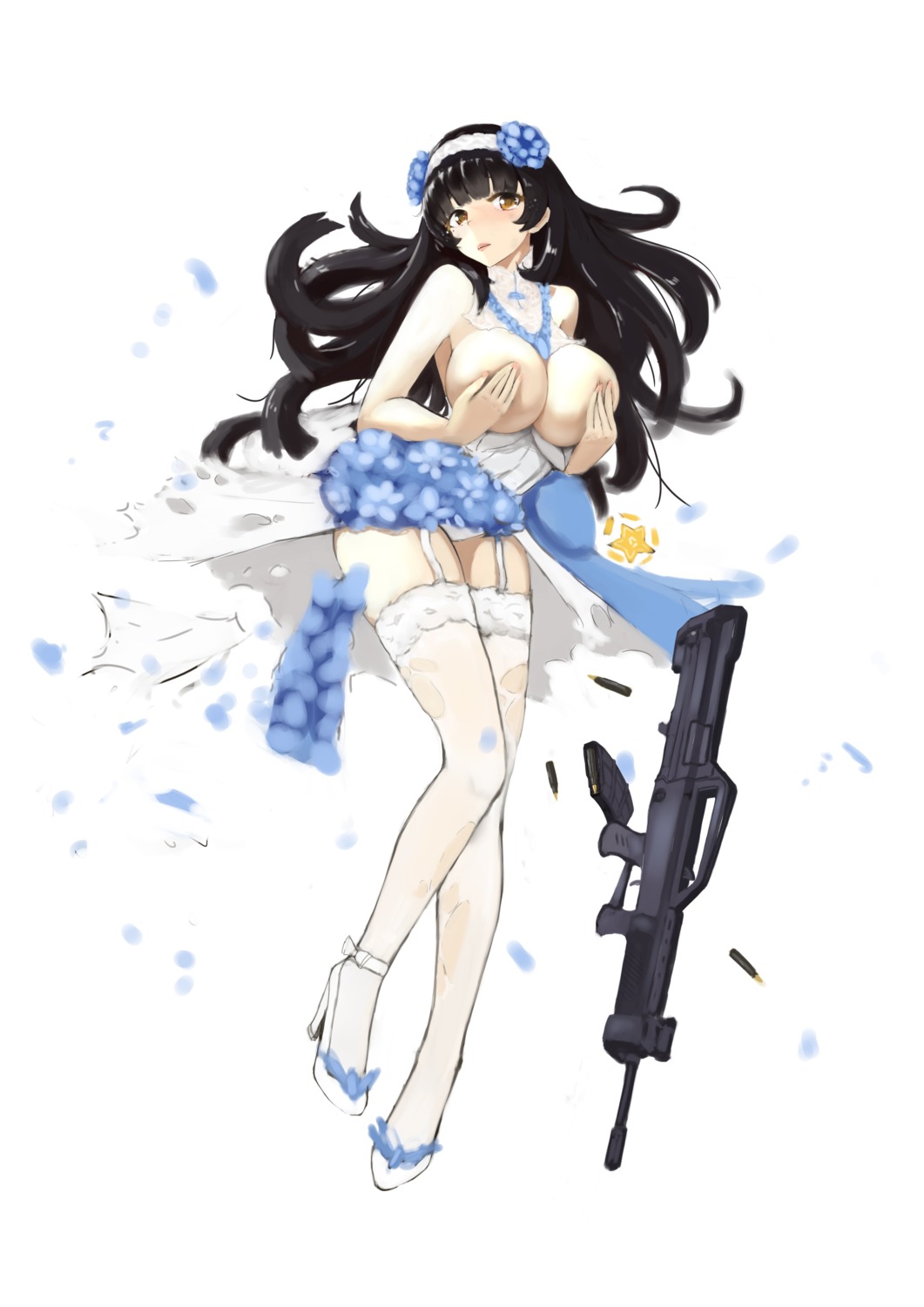 bo_li_wei_ling breast_hold breasts dress girls_frontline gun heels no_bra pantsu qbz-95_(girls_frontline) stockings thighhighs torn_clothes