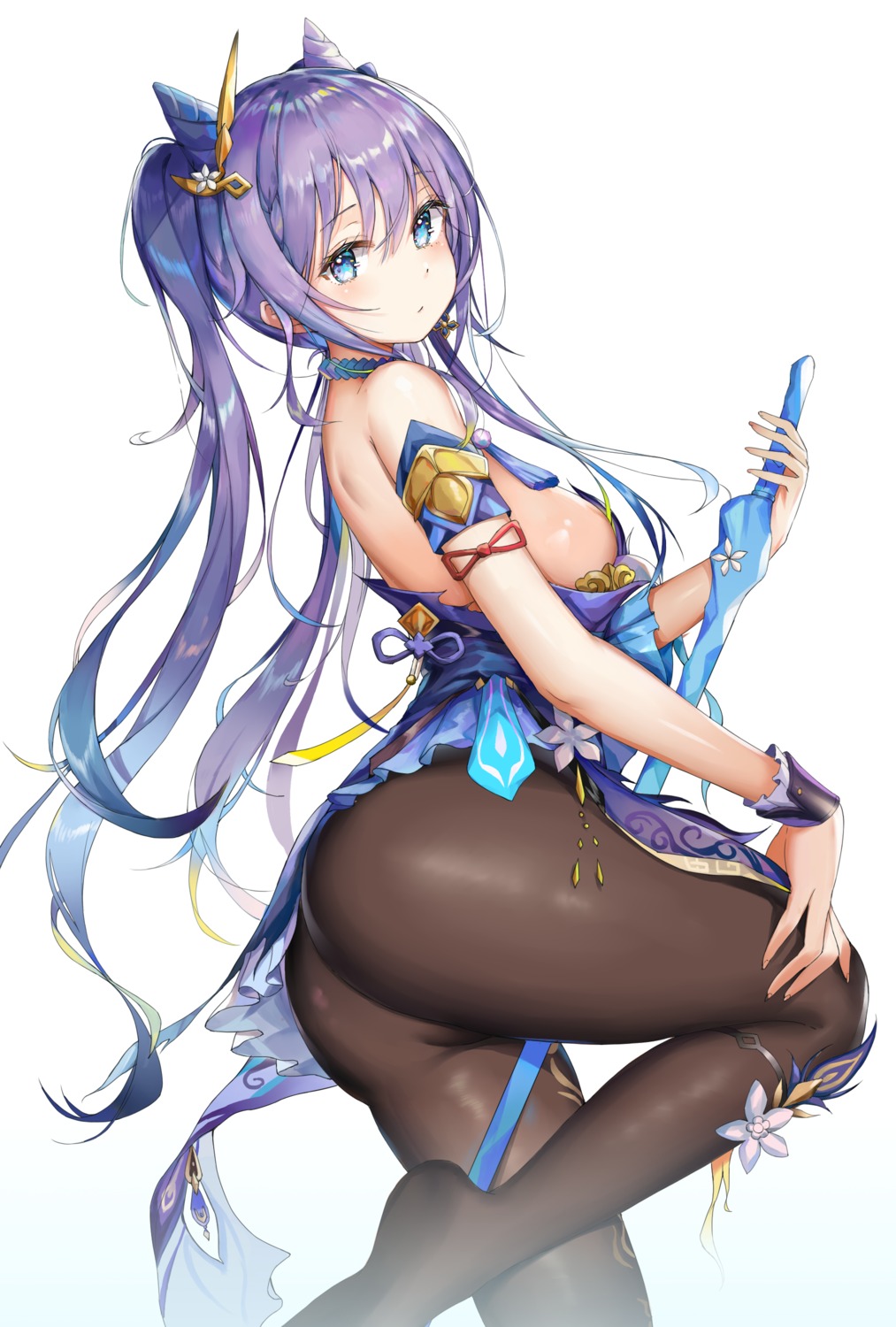 asian_clothes ass garter genshin_impact keqing kiriko_(araragikoyomi) no_bra pantyhose skirt_lift sword