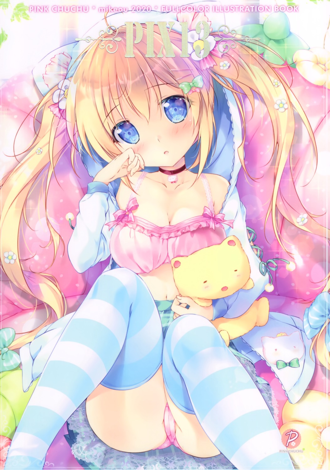 bra cameltoe cleavage mikeou open_shirt pantsu pink_chuchu skirt_lift thighhighs