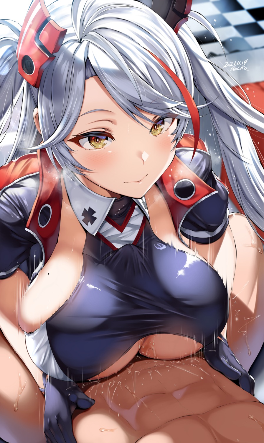 azur_lane belko breast_hold no_bra paizuri prinz_eugen_(azur_lane) uniform