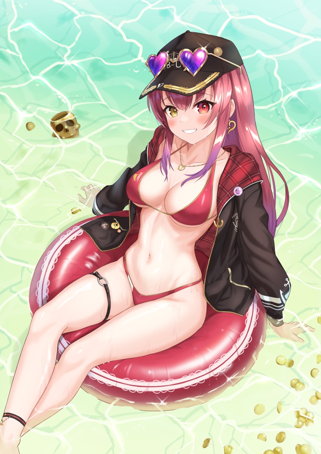 bikini garter heterochromia hololive houshou_marine jiu_fanglianhua megane open_shirt swimsuits wet