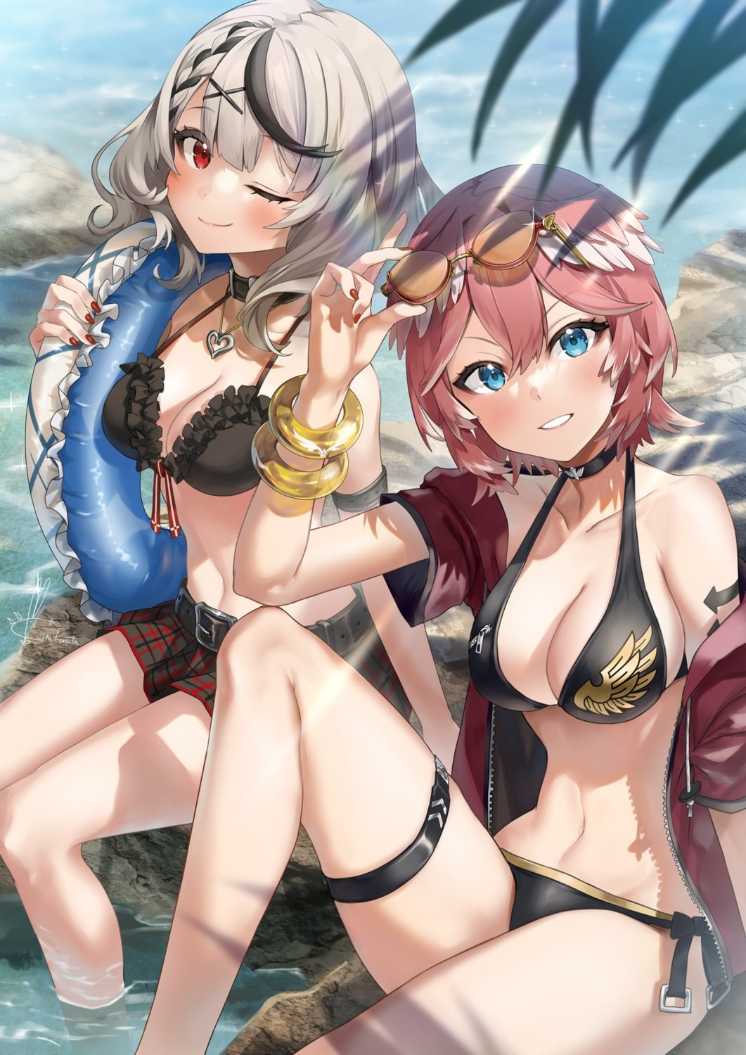 bikini bikini_top cleavage garter hololive kito_koruta open_shirt sakamata_chloe swimsuits takane_lui wet wings