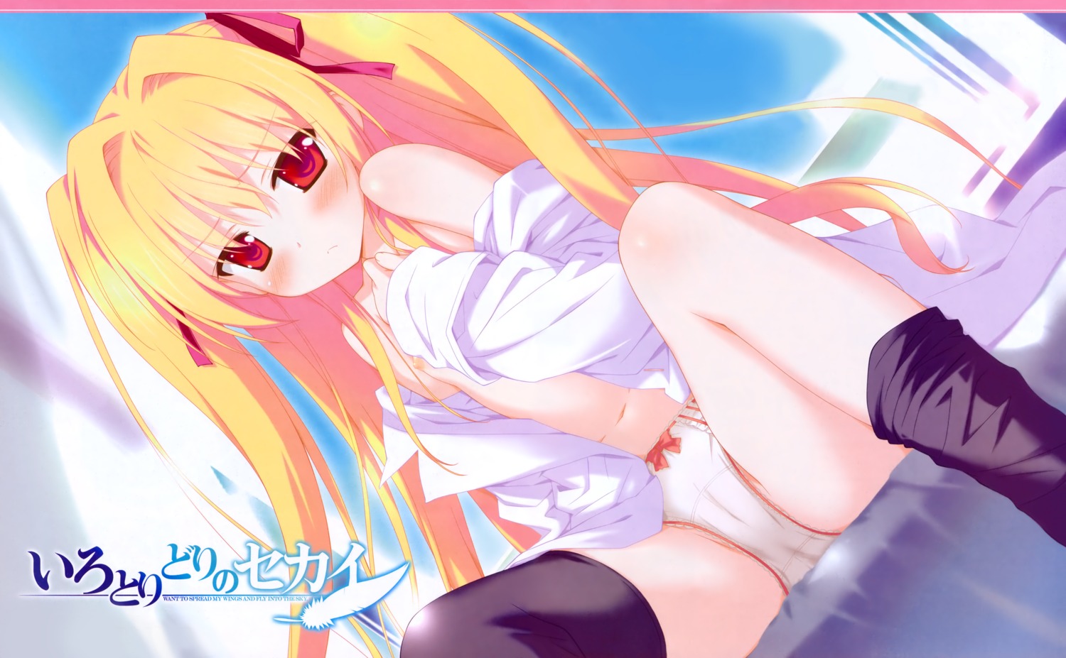 breast_hold cameltoe detexted dress_shirt favorite irotoridori_no_sekai loli nikaidou_shinku nipples no_bra open_shirt pantsu shida_kazuhiro shimapan thighhighs undressing