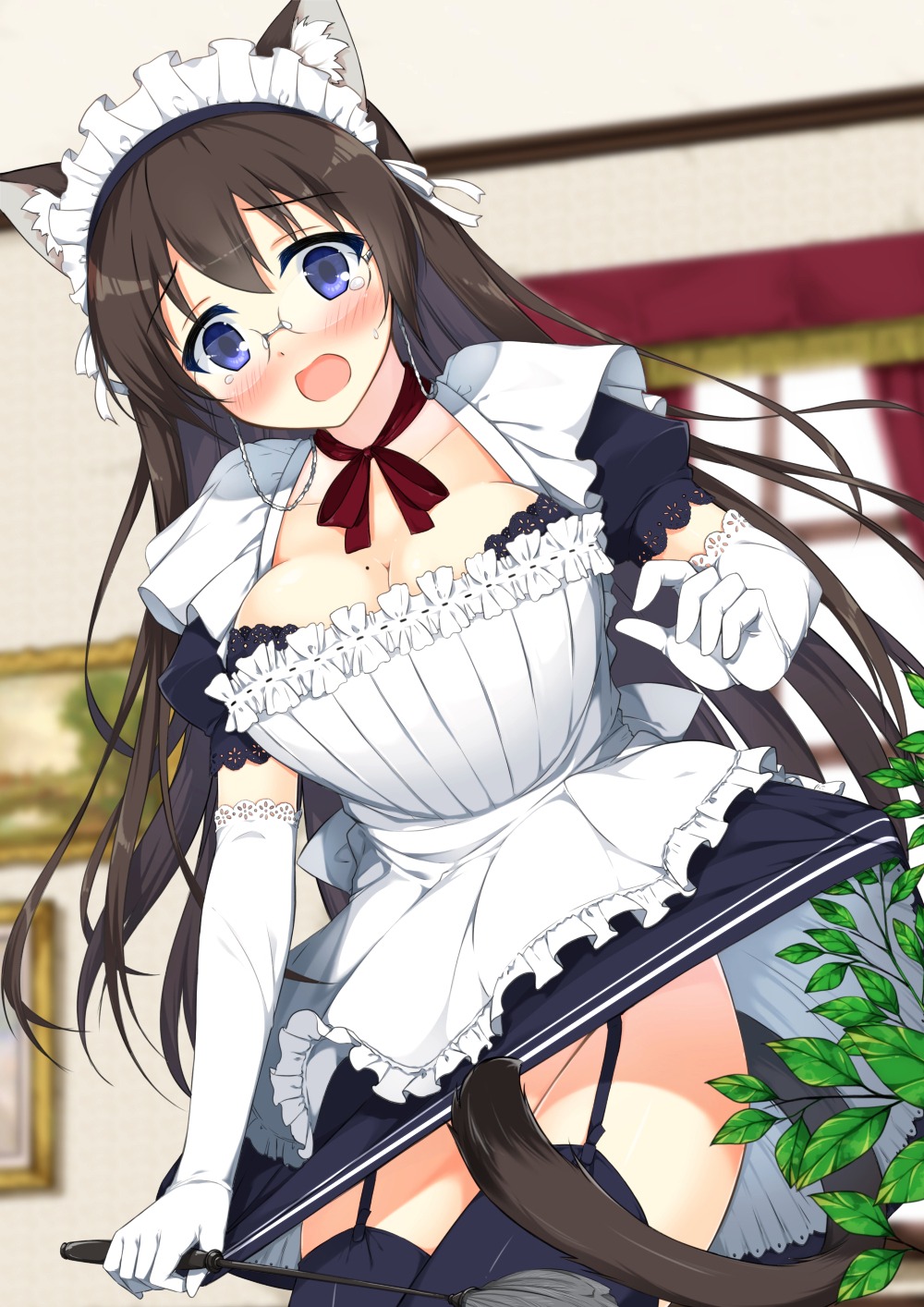 animal_ears cleavage maid matatabi_haru megane moe2015 nekomimi nopan stockings tail thighhighs