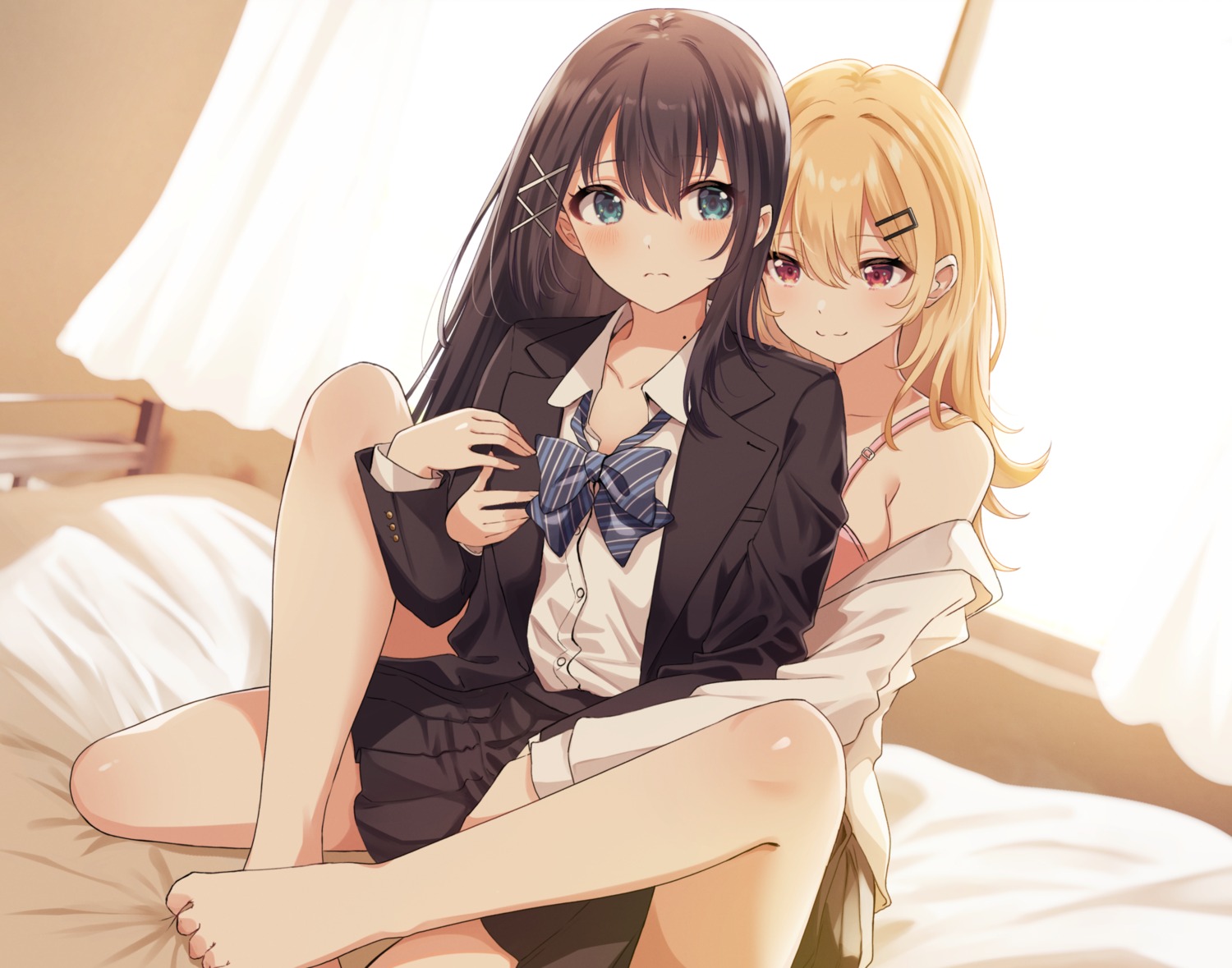 bra breast_grab open_shirt seifuku shiokazunoko yuri