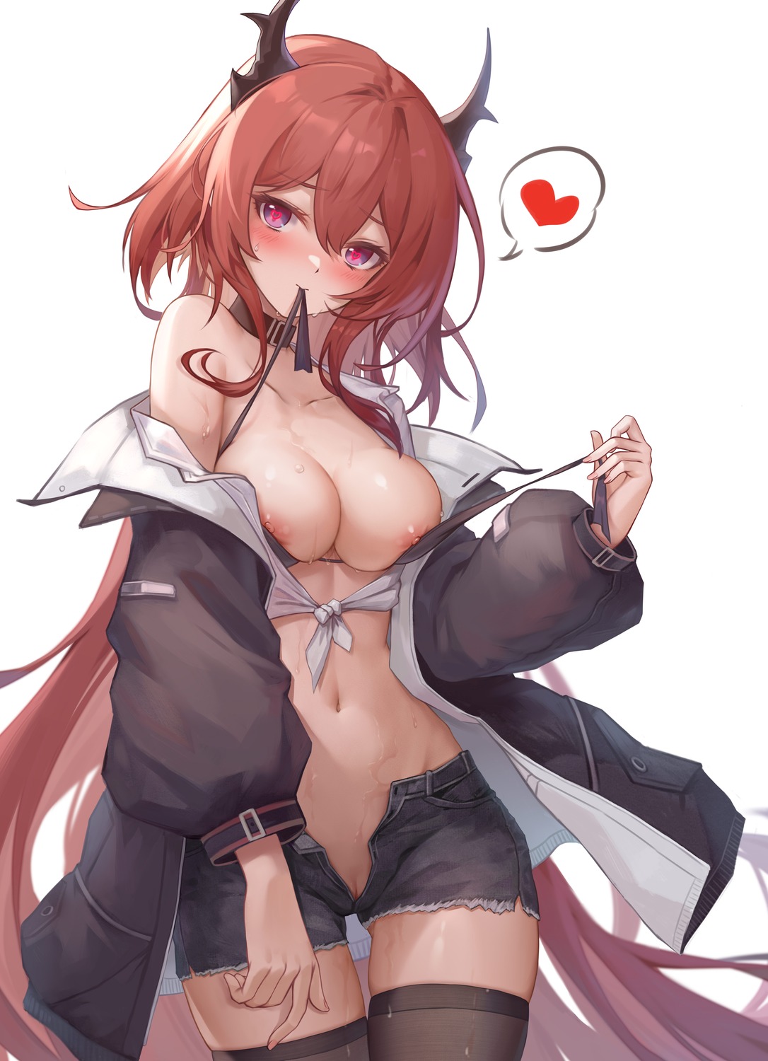 arknights bikini_top breasts horns nipple_slip nopan open_shirt pussy surtr_(arknights) swimsuits thighhighs torn_clothes uncensored undressing yelan_xing_xuan