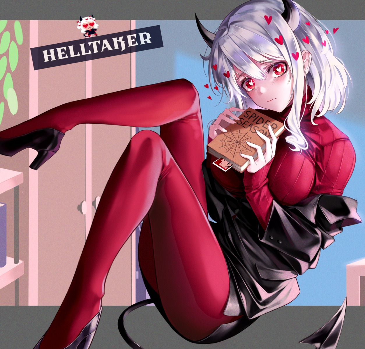 business_suit heels helltaker horns huyou_(awegk) modeus_(helltaker) pantyhose skirt_lift sweater tail