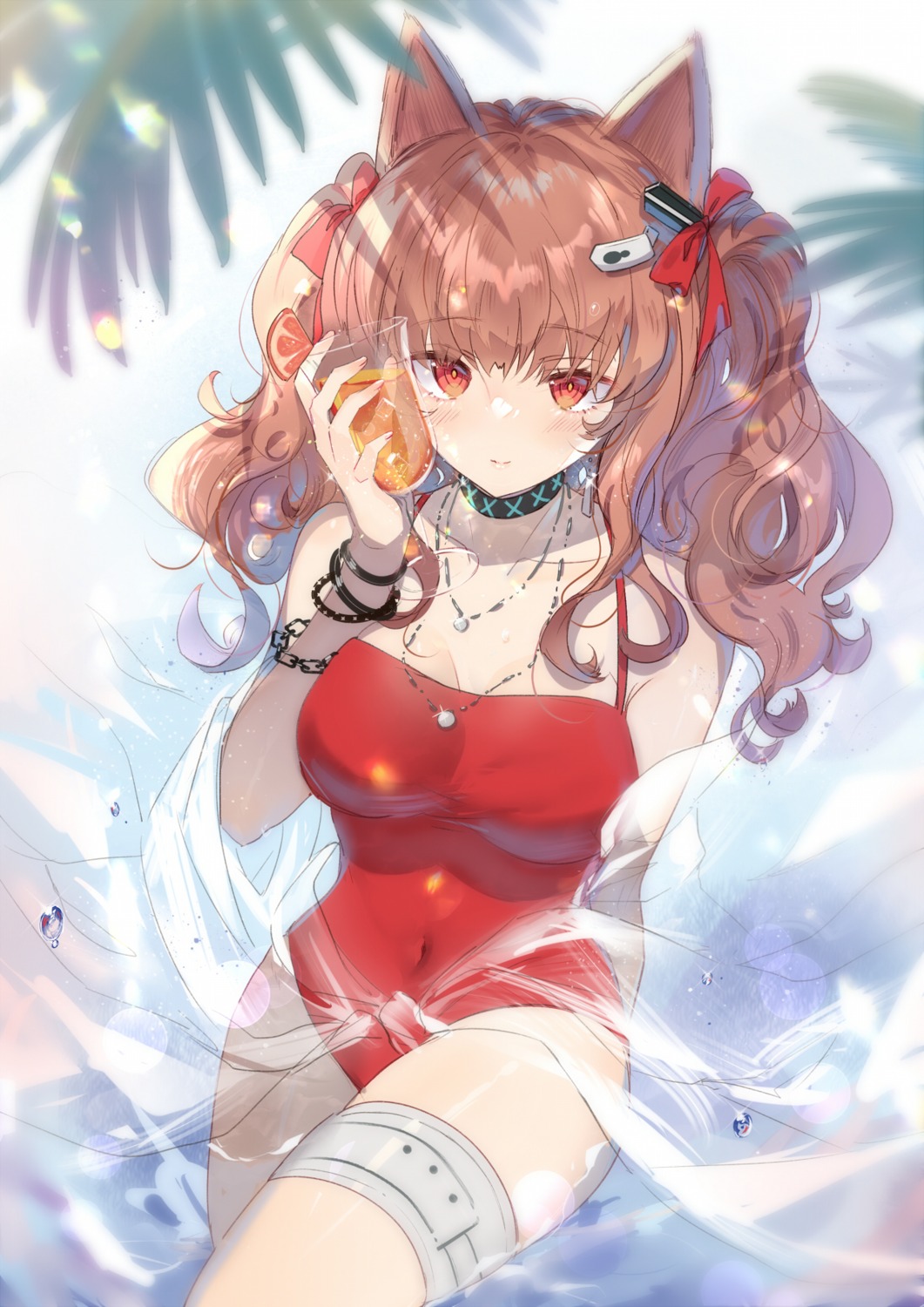 angelina_(arknights) animal_ears arknights domotolain garter swimsuits wet