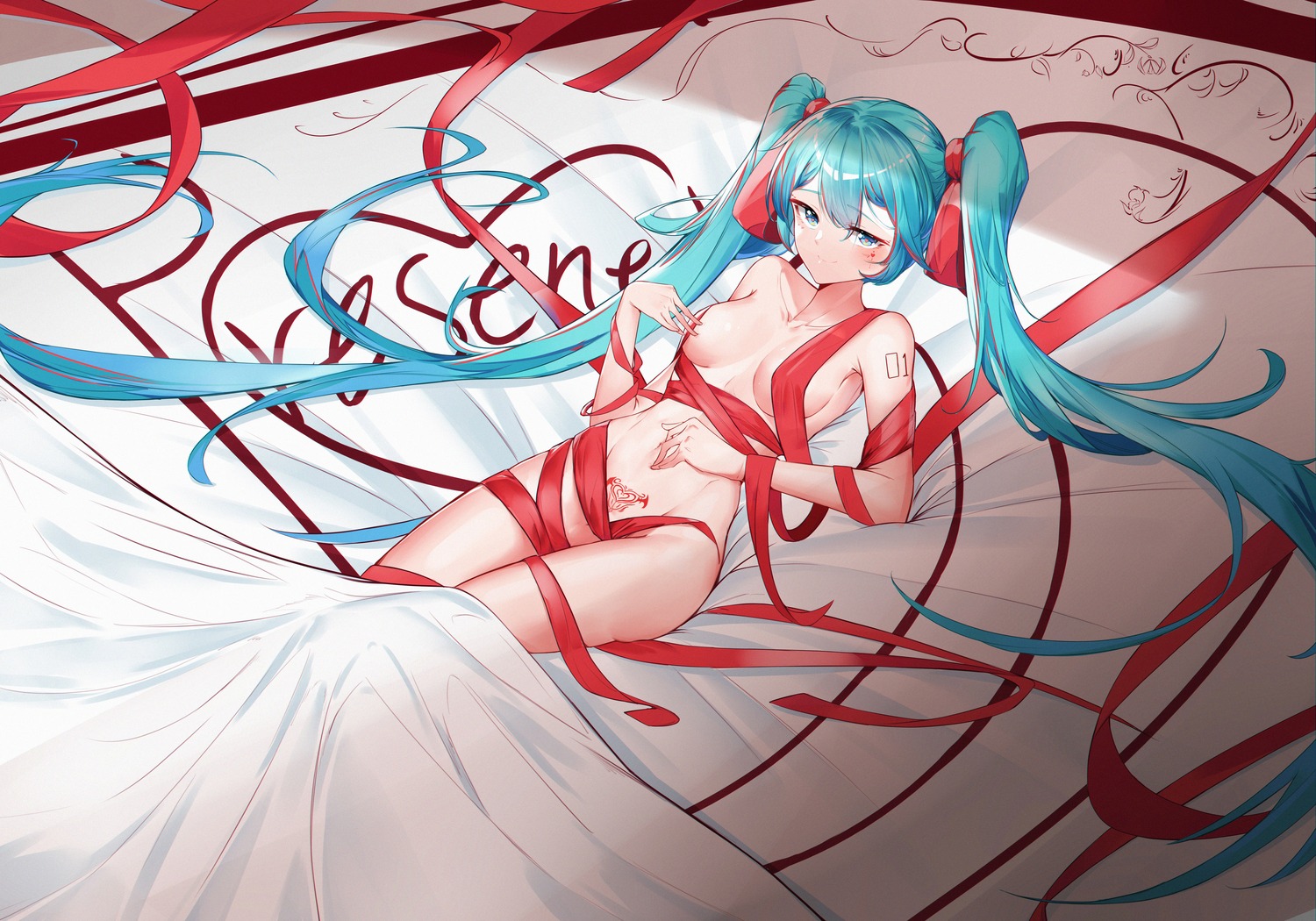 hatsune_miku naked_ribbon rzx0 sheets tattoo vocaloid