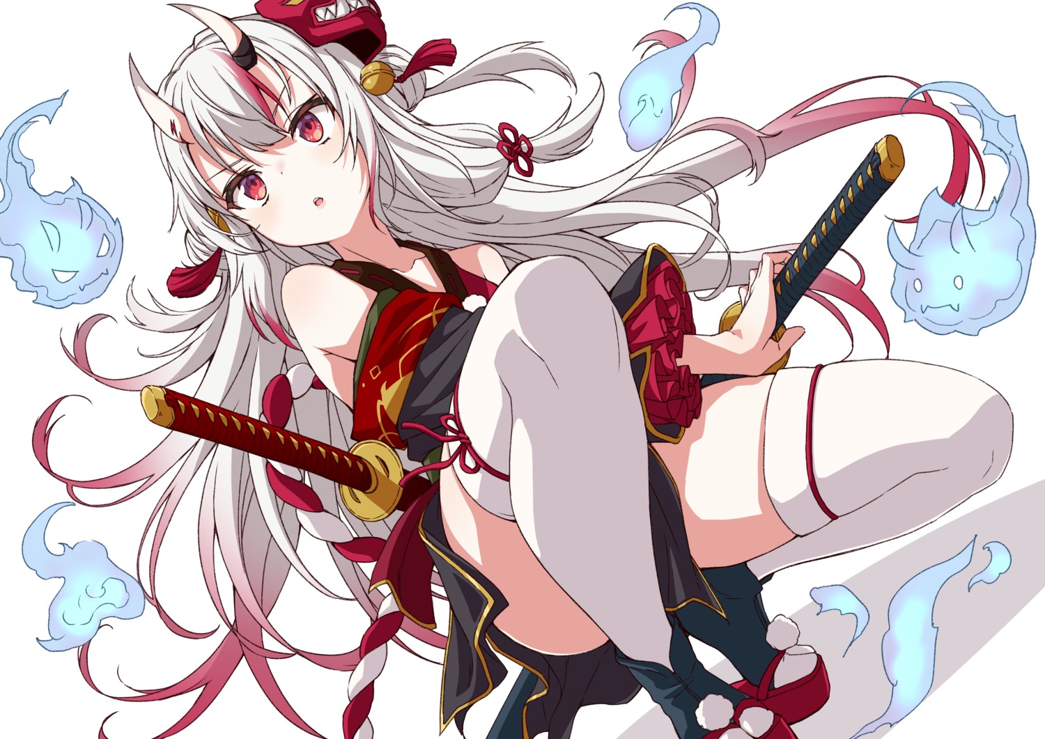 asanaya hololive horns japanese_clothes nakiri_ayame skirt_lift sword thighhighs