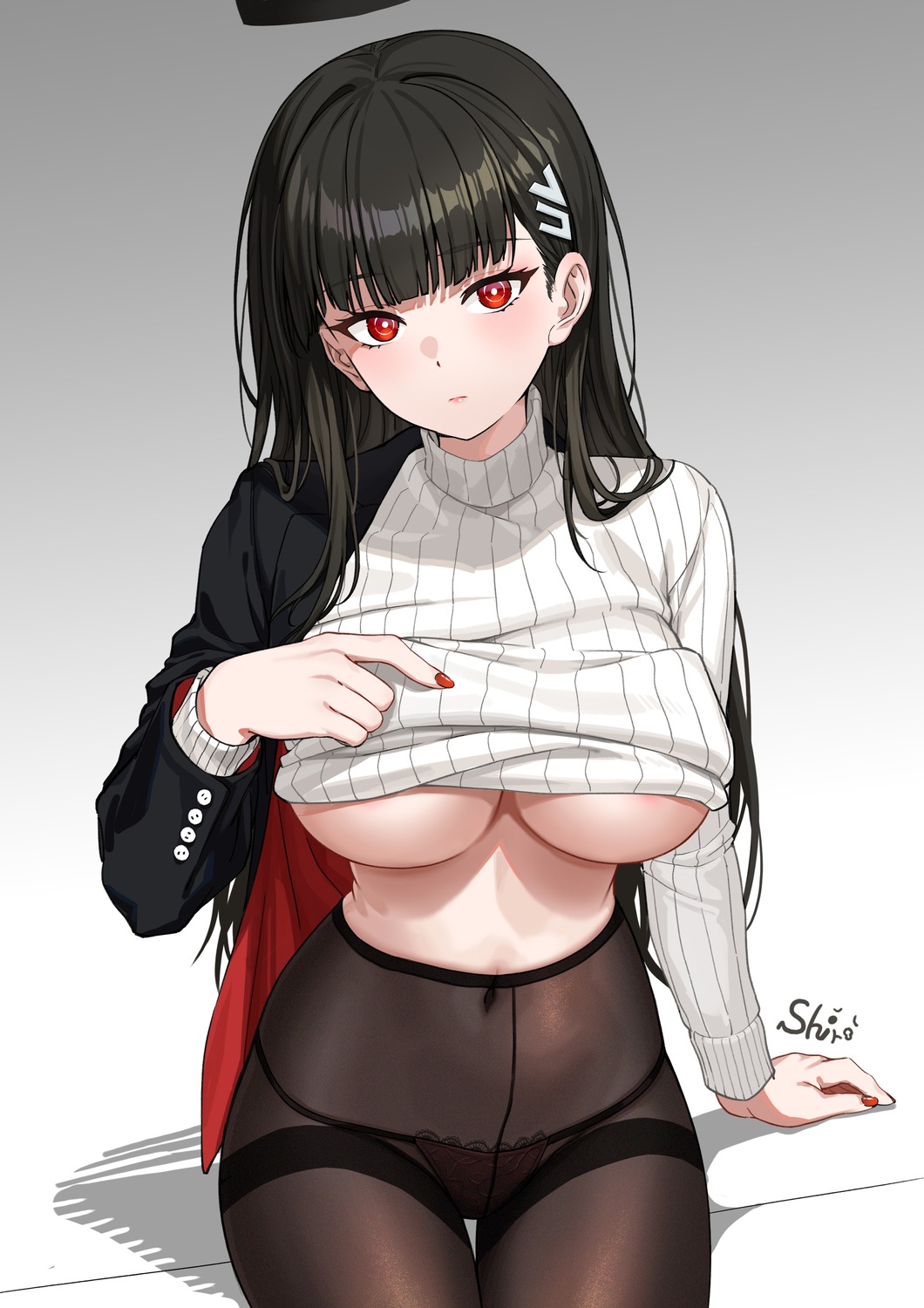 areola blue_archive halo no_bra pantsu pantyhose shirt_lift sweater thong tsukatsuki_rio underboob zhanzheng_zi