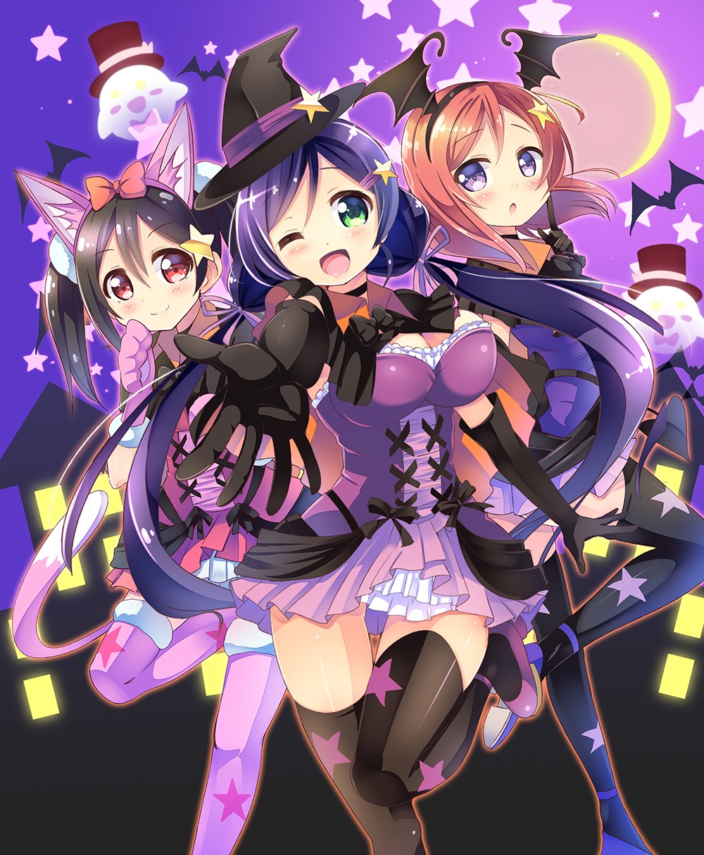 animal_ears cleavage cosplay dress halloween heels kurou_(quadruple_zero) love_live! nekomimi nishikino_maki tail thighhighs toujou_nozomi wings witch yazawa_nico