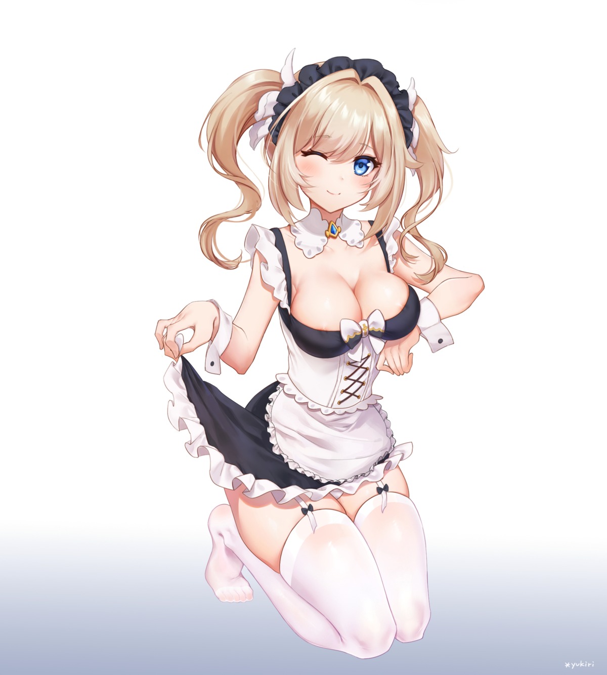 areola barbara_(genshin_impact) genshin_impact l_ii maid no_bra skirt_lift stockings thighhighs wardrobe_malfunction