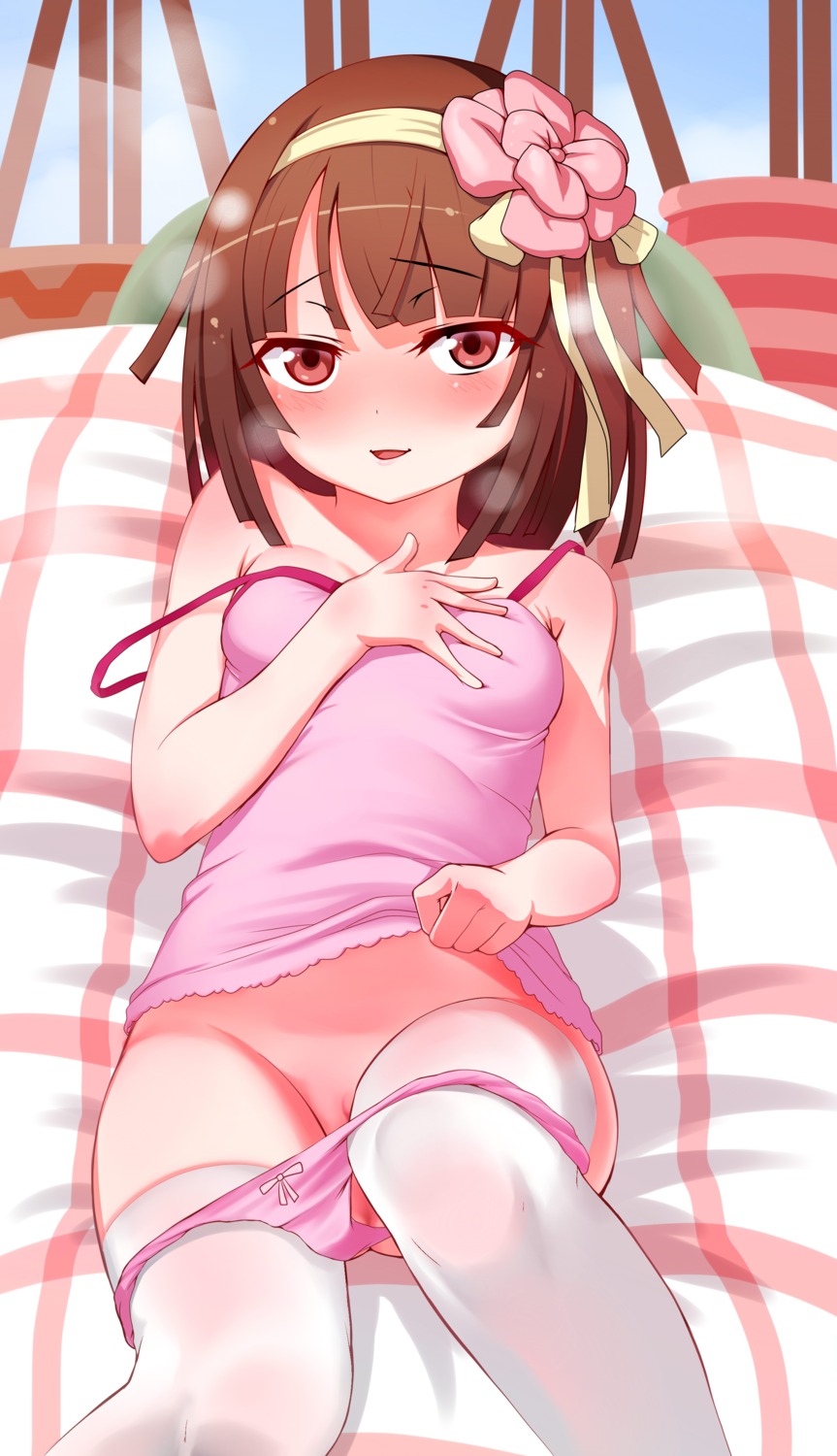 bakemonogatari breast_hold lingerie loli monogatari_(series) note2000 pantsu panty_pull pussy sengoku_nadeko shirt_lift thighhighs uncensored