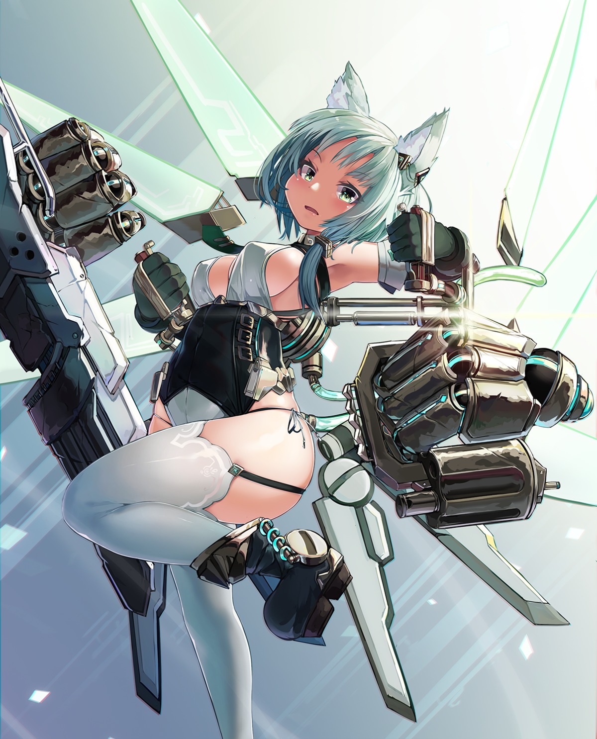 animal_ears heels leotard mecha_musume naitou_ryu no_bra pantsu stockings string_panties thighhighs weapon