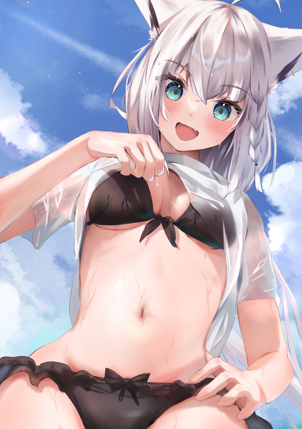 animal_ears bikini hololive hololive_gamers kitsune see_through shirakami_fubuki shirt_lift swimsuits uechin_ewokaku