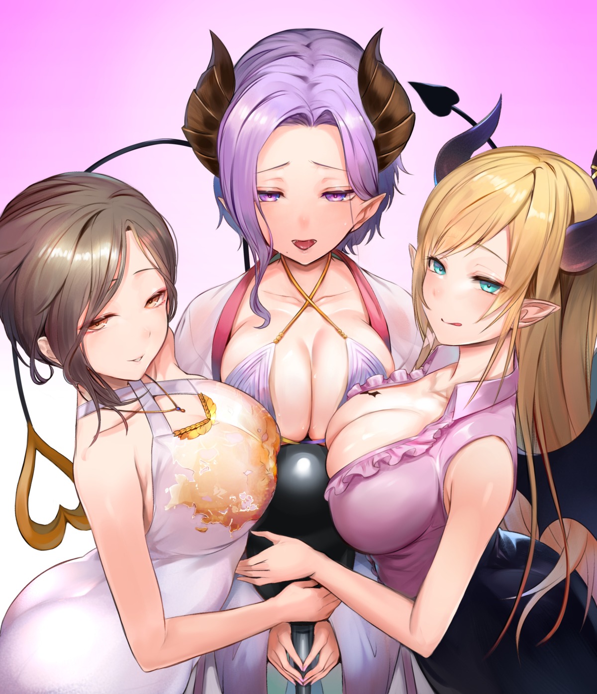 ass bra cleavage crossover dress hololive honey_strap horns hoshara nanashi_inc. nijisanji no_bra open_shirt pointy_ears saionji_mary shirayuki_tomoe tail wings yuzuki_choco