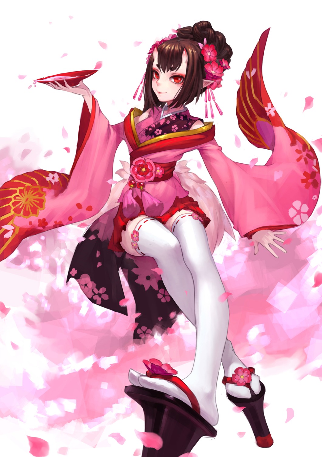 horns kimono momo_(onmyouji) onmyouji pointy_ears sake thighhighs zengxianxin