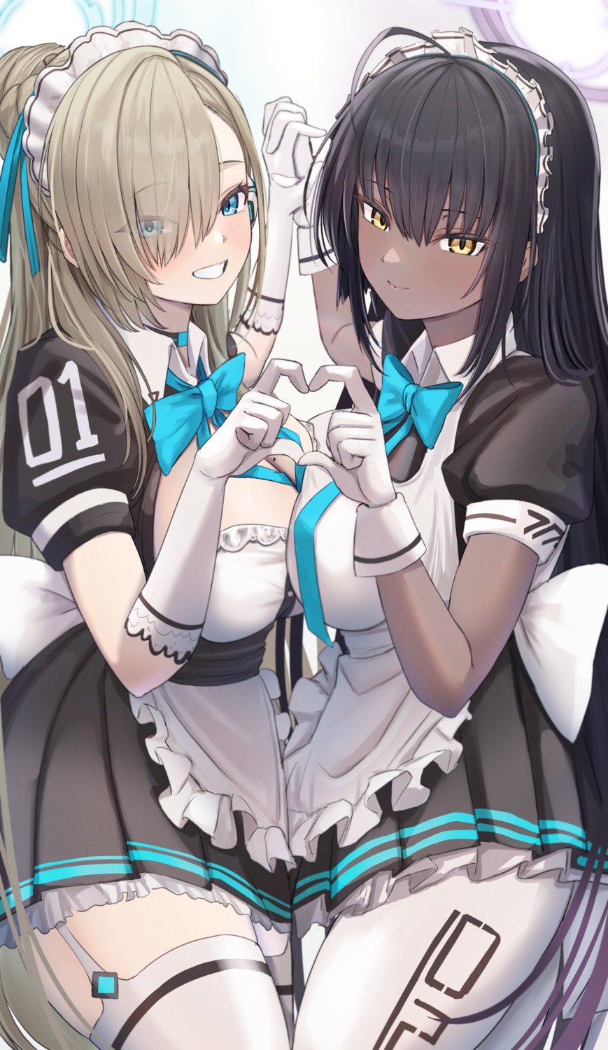 blue_archive cafenami halo ichinose_asuna kakudate_karin maid no_bra pantyhose stockings symmetrical_docking thighhighs