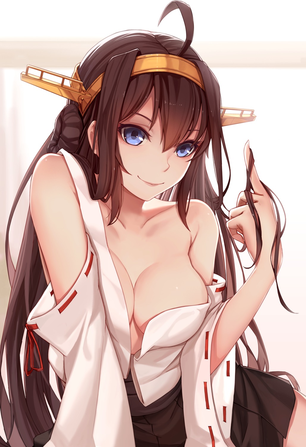 cleavage kantai_collection kongou_(kancolle) nian no_bra open_shirt