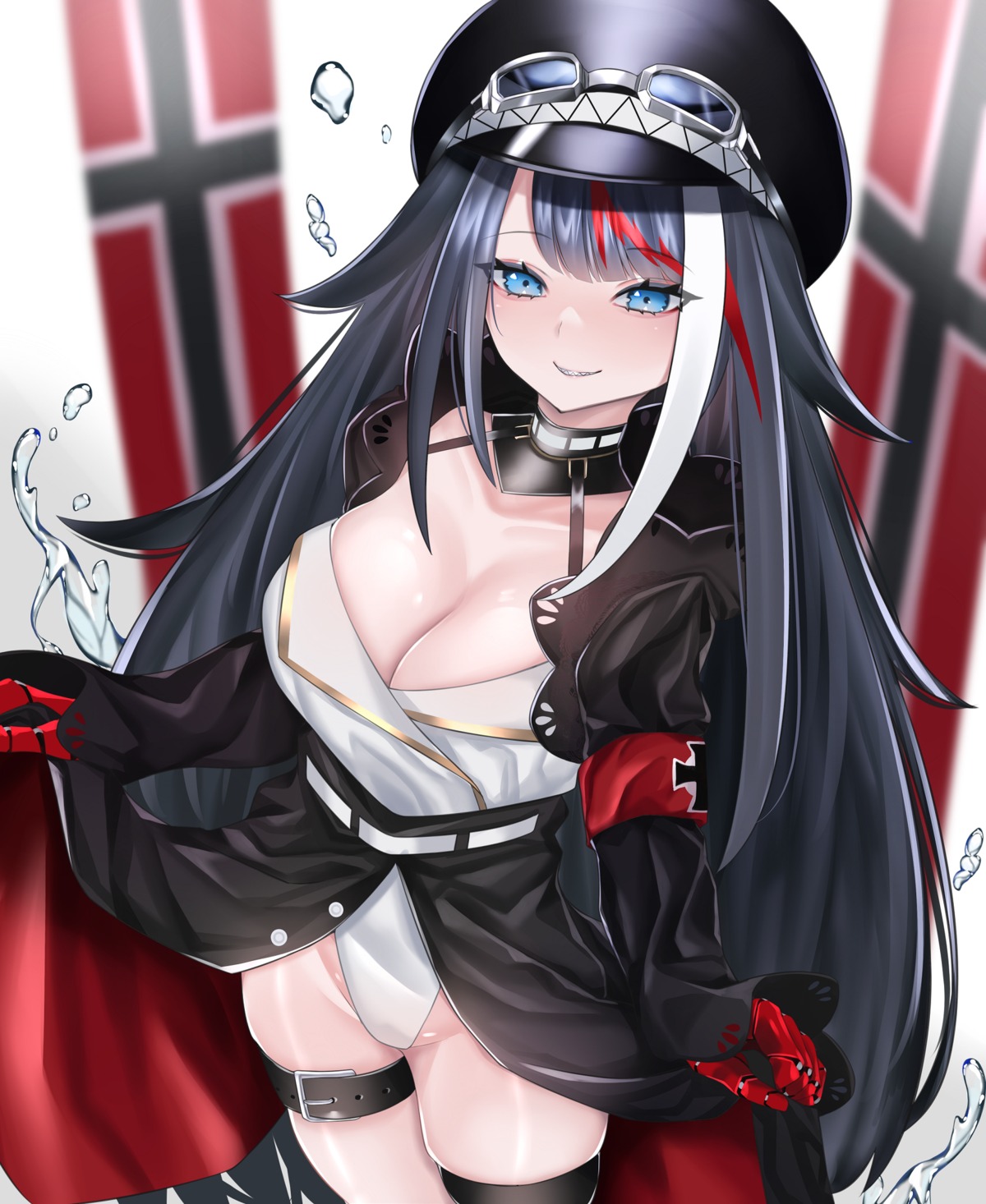 azur_lane cleavage deutschland_(azur_lane) garter keishi_surota leotard no_bra open_shirt skirt_lift thighhighs uniform