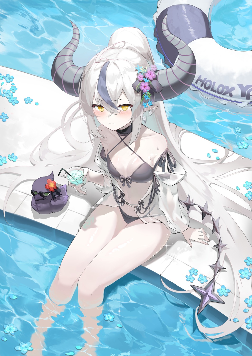 bikini hololive horns kabedoru la+_darknesss open_shirt pointy_ears see_through swimsuits tail wet wet_clothes