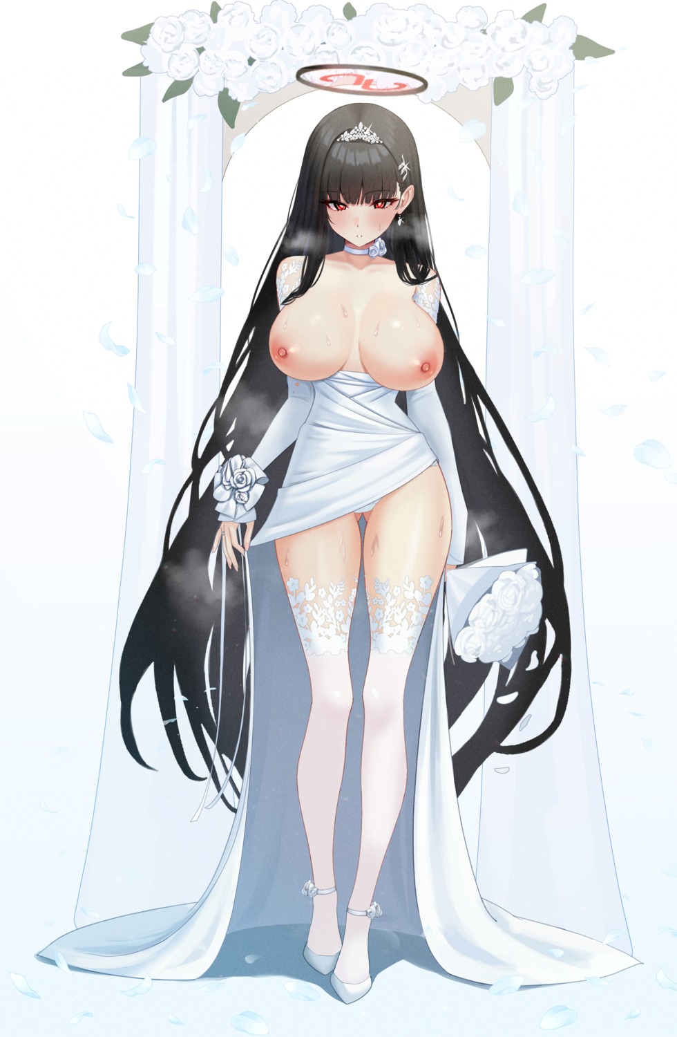 blue_archive breasts dress halo mijikayo_(user_eyyx8247) nipples no_bra pantsu skirt_lift thighhighs tsukatsuki_rio wedding_dress