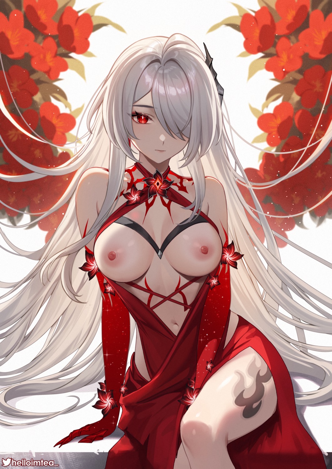 acheron breasts dress helloimtea honkai:_star_rail nipples no_bra tattoo