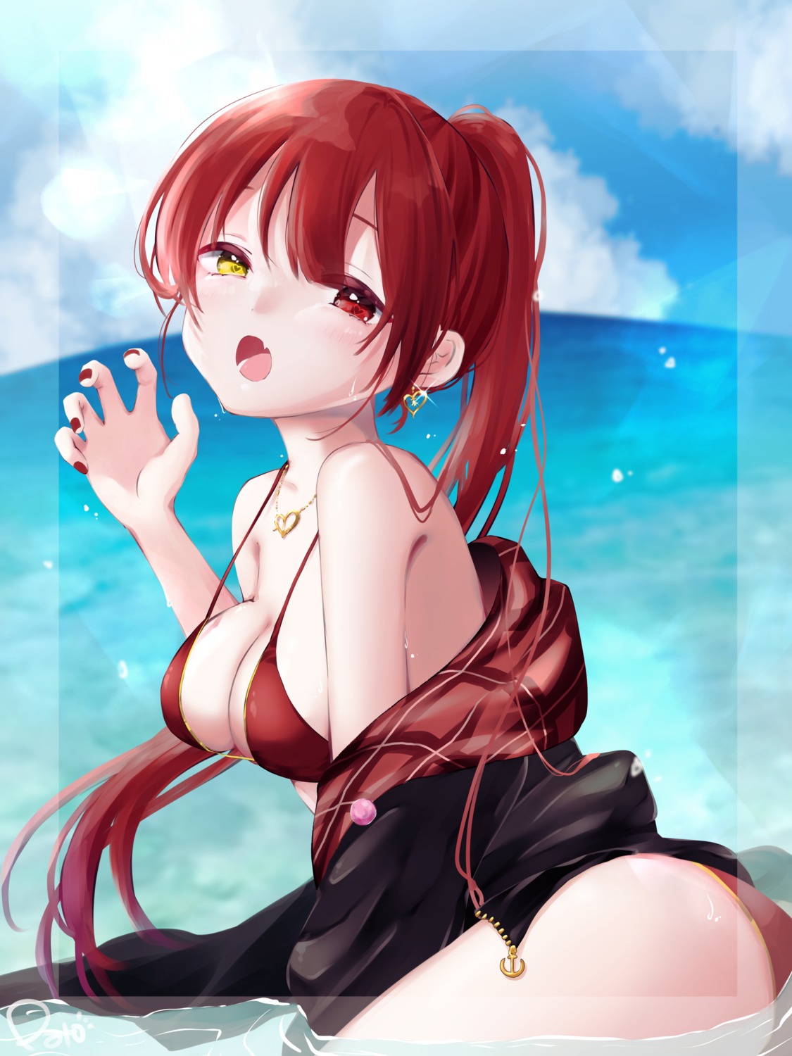 ass bikini heterochromia hololive houshou_marine open_shirt pato_(8o_10) swimsuits wet