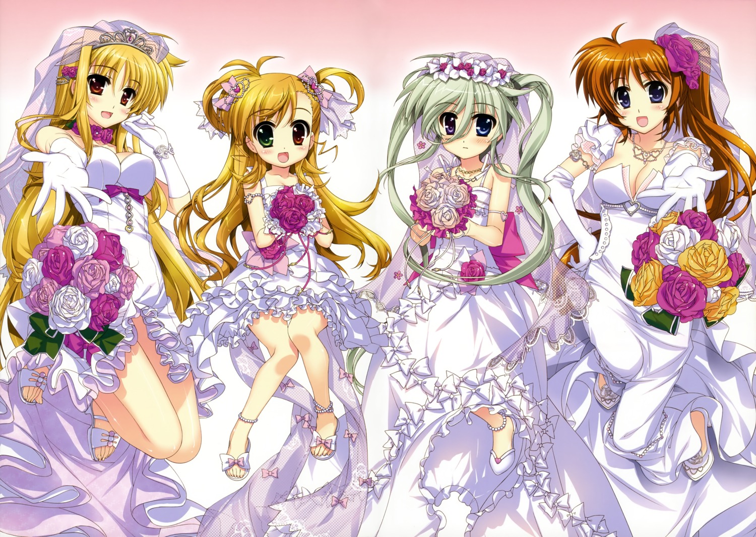 cleavage dress einhart_stratos fate_testarossa fujima_takuya mahou_shoujo_lyrical_nanoha mahou_shoujo_lyrical_nanoha_vivid takamachi_nanoha vivio wedding_dress