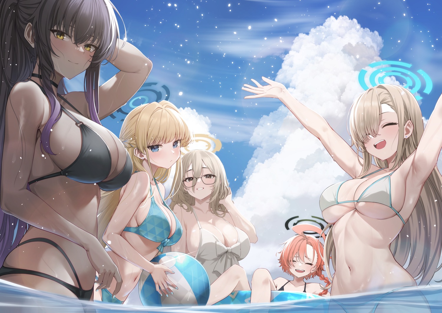 asuma_toki bikini bikini_top blue_archive halo ichinose_asuna kakudate_karin koisuke loli megane mikamo_neru murokasa_akane swimsuits wet