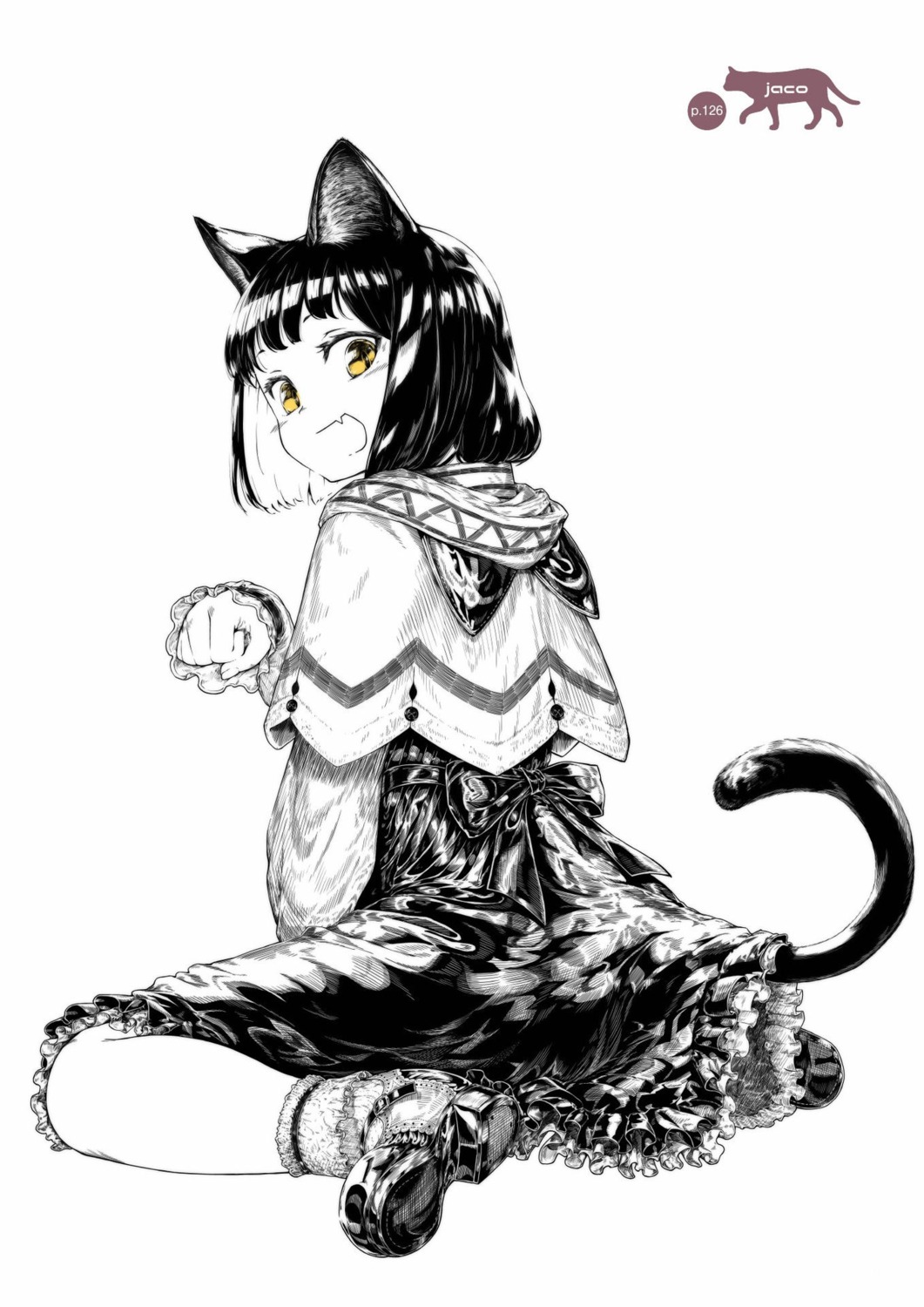 animal_ears dress jaco monochrome nekomimi skirt_lift tail