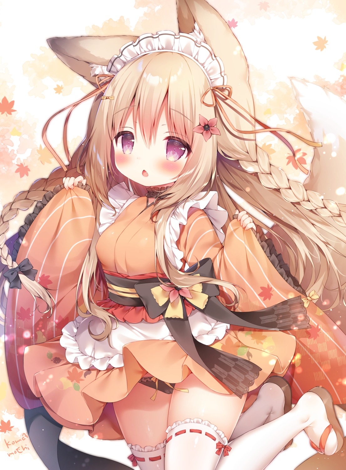 animal_ears cameltoe kitsune maid momozu_komamochi pantsu skirt_lift tail thighhighs wa_maid