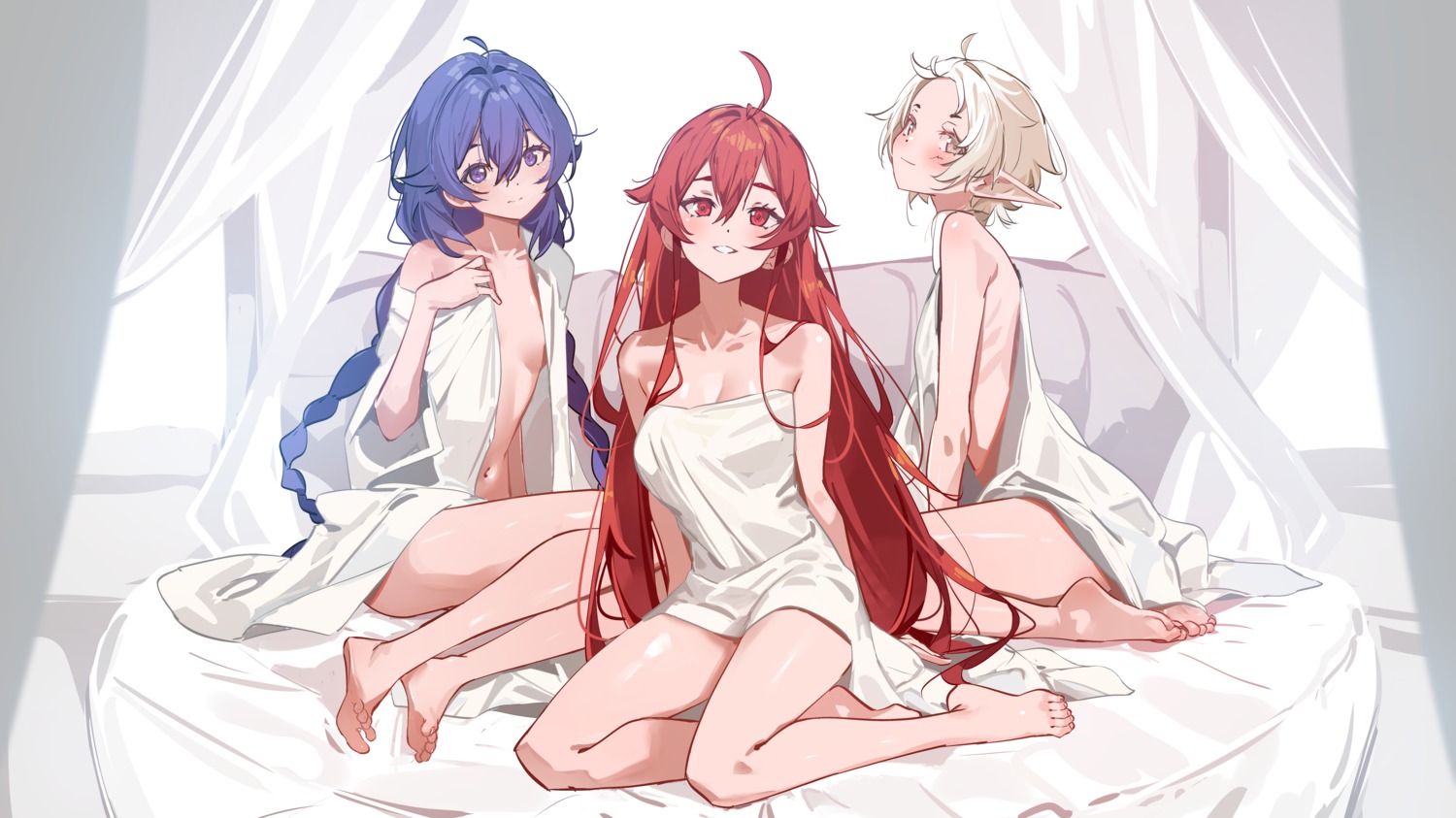 elf eris_boreas_greyrat mushoku_tensei no_bra open_shirt pointy_ears roxy_migurdia sydus sylphiette towel undressing